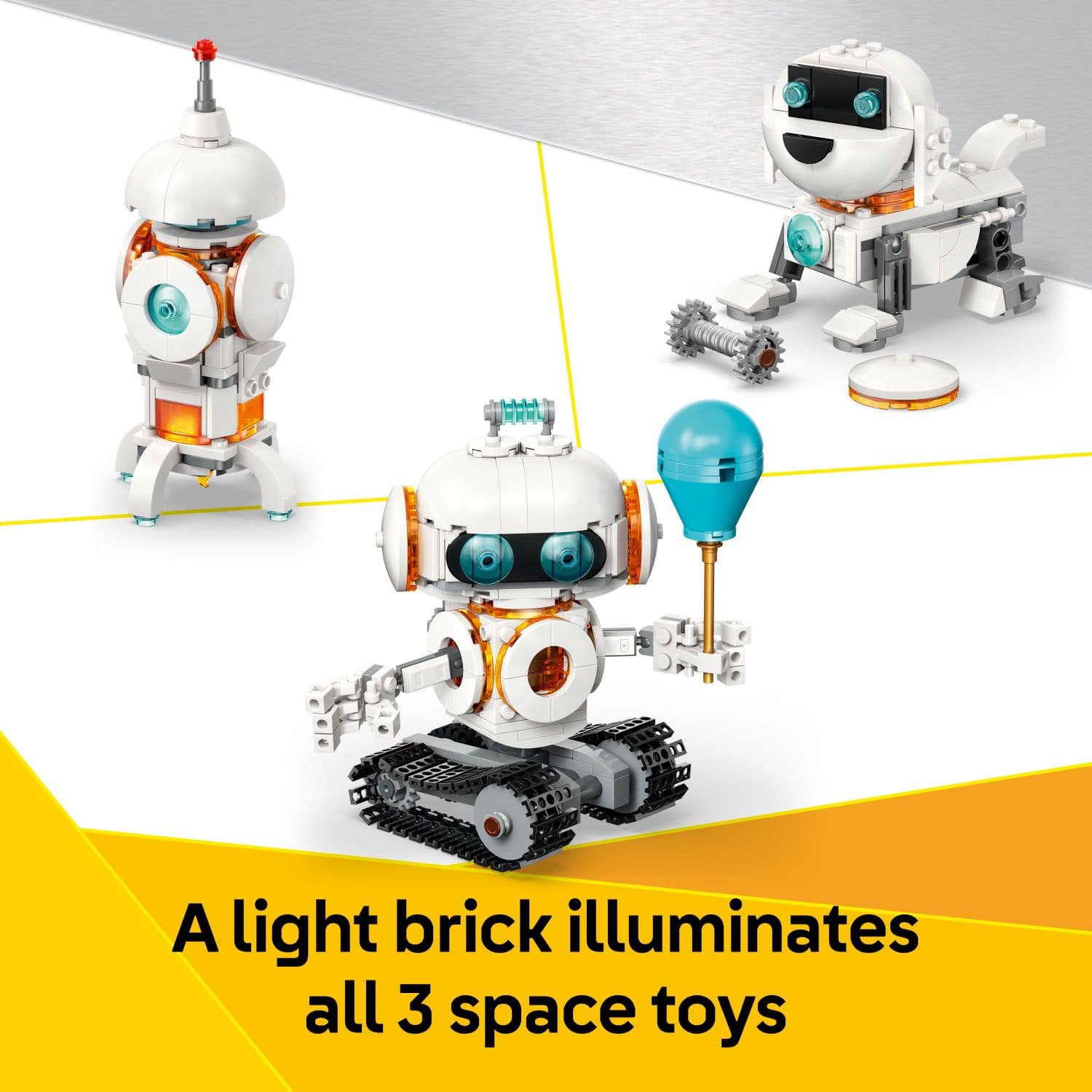 A light brick illuminates all three space toys.