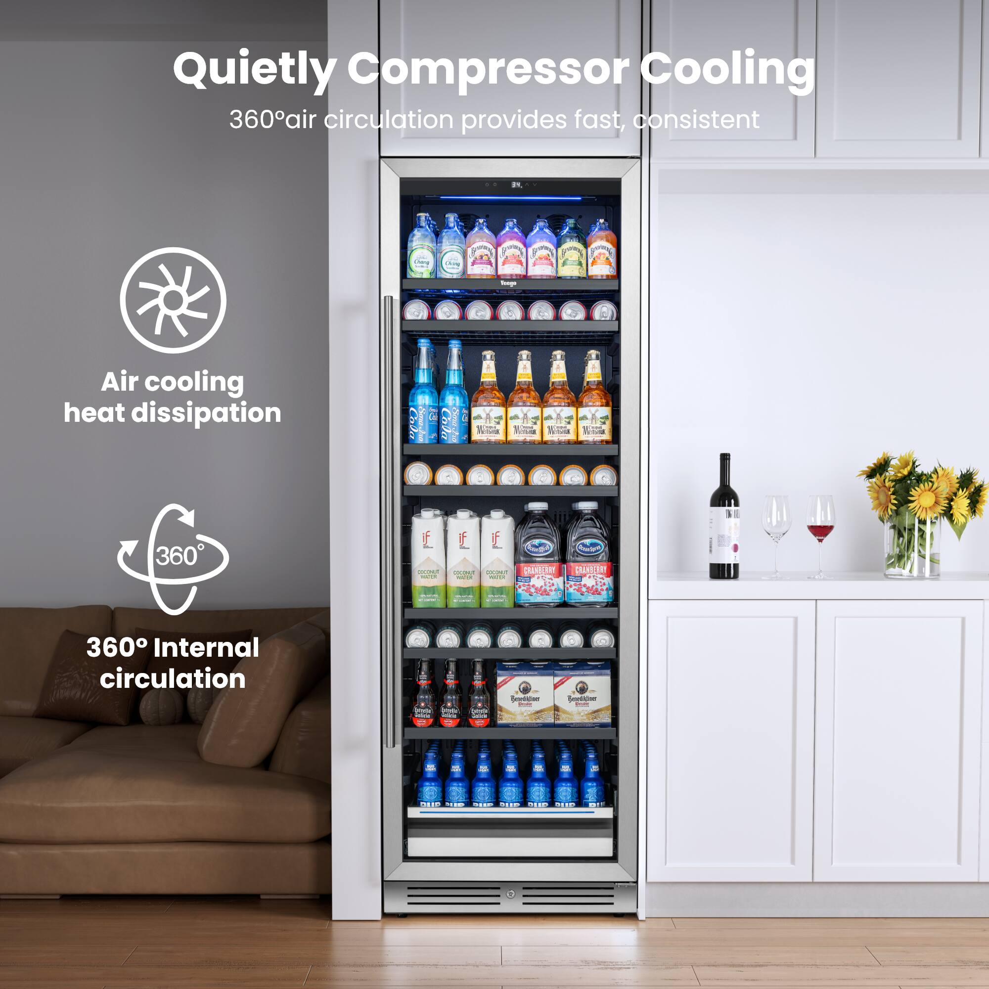 Quietly Compressor Cooling  
360° air circulation provides fast, consistent cooling.  

Air cooling heat dissipation  

360° Internal circulation