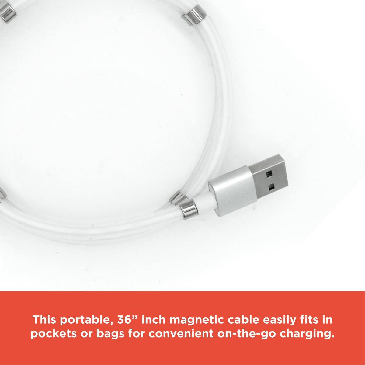 This portable, 36" inch magnetic cable easily fits in pockets or bags for convenient on-the-go charging.