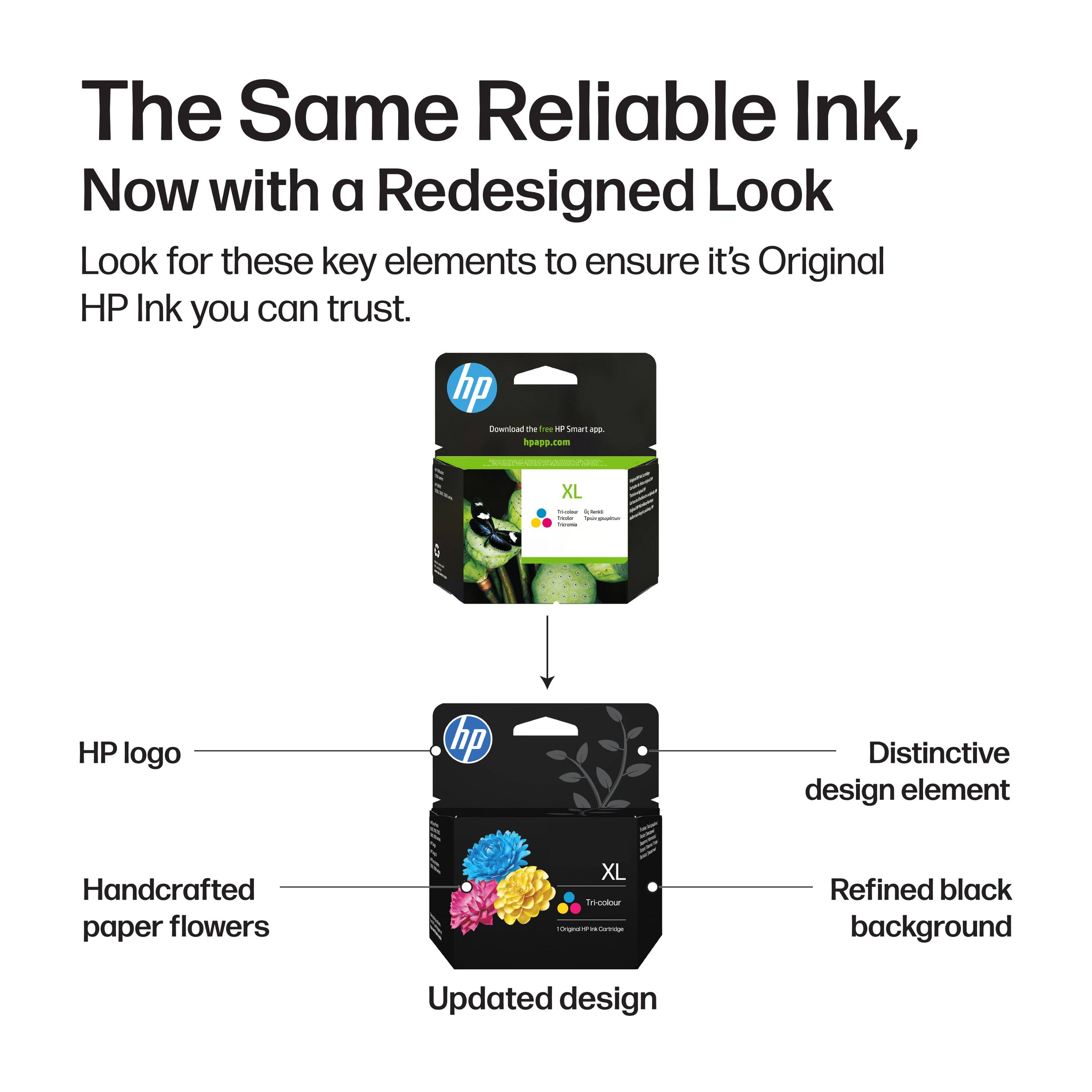 The Same Reliable Ink, Now with a Redesigned Look

Look for these key elements to ensure it's Original HP Ink you can trust.

- HP logo
- Distinctive design element
- Handcrafted paper flowers
- Refined black background
- Updated design