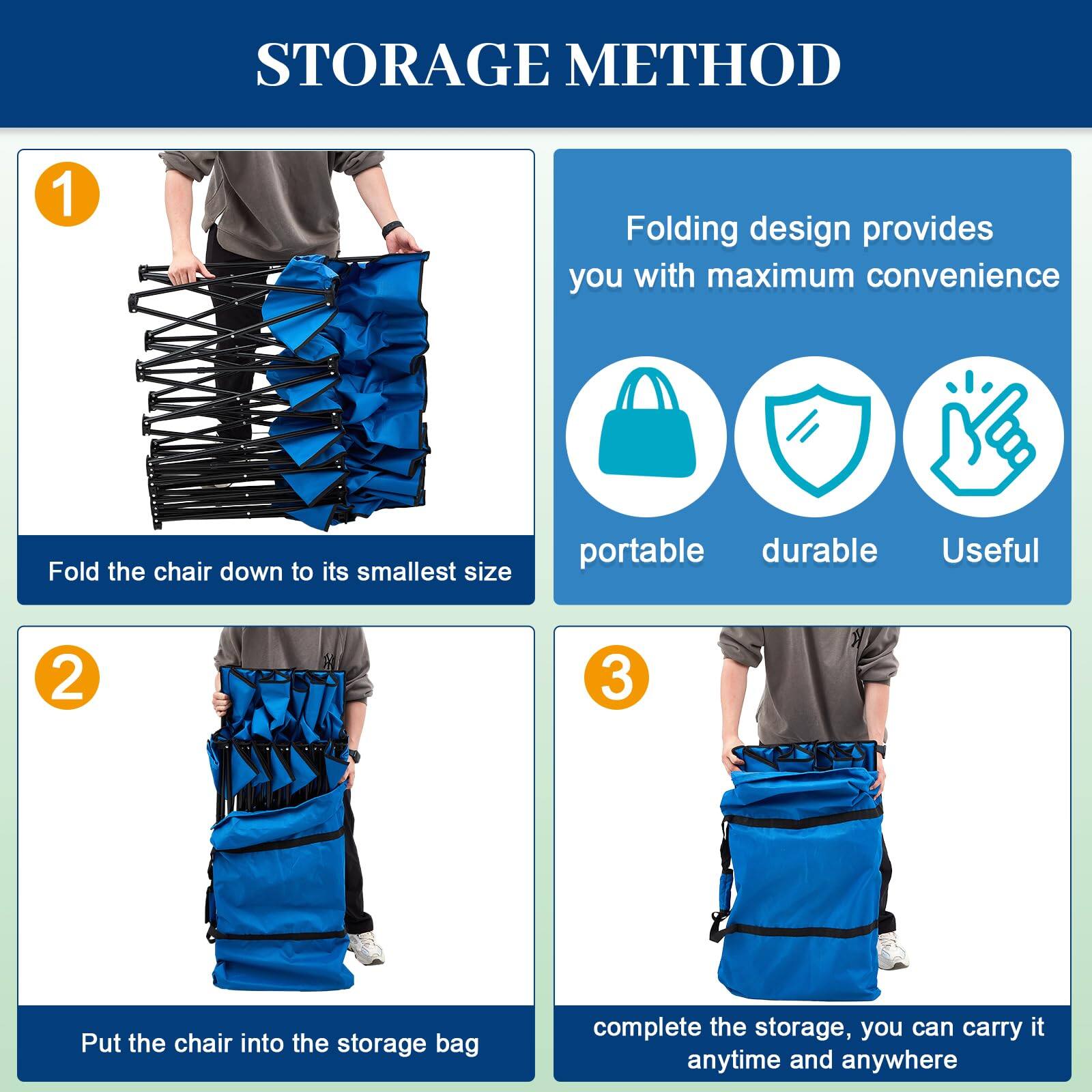 **STORAGE METHOD**

1. **Fold the chair down to its smallest size**  
   - Folding design provides you with maximum convenience  
   - portable  
   - durable  
   - Useful  

2. **Put the chair into the storage bag**  

3. **Complete the storage, you can carry it anytime and anywhere**