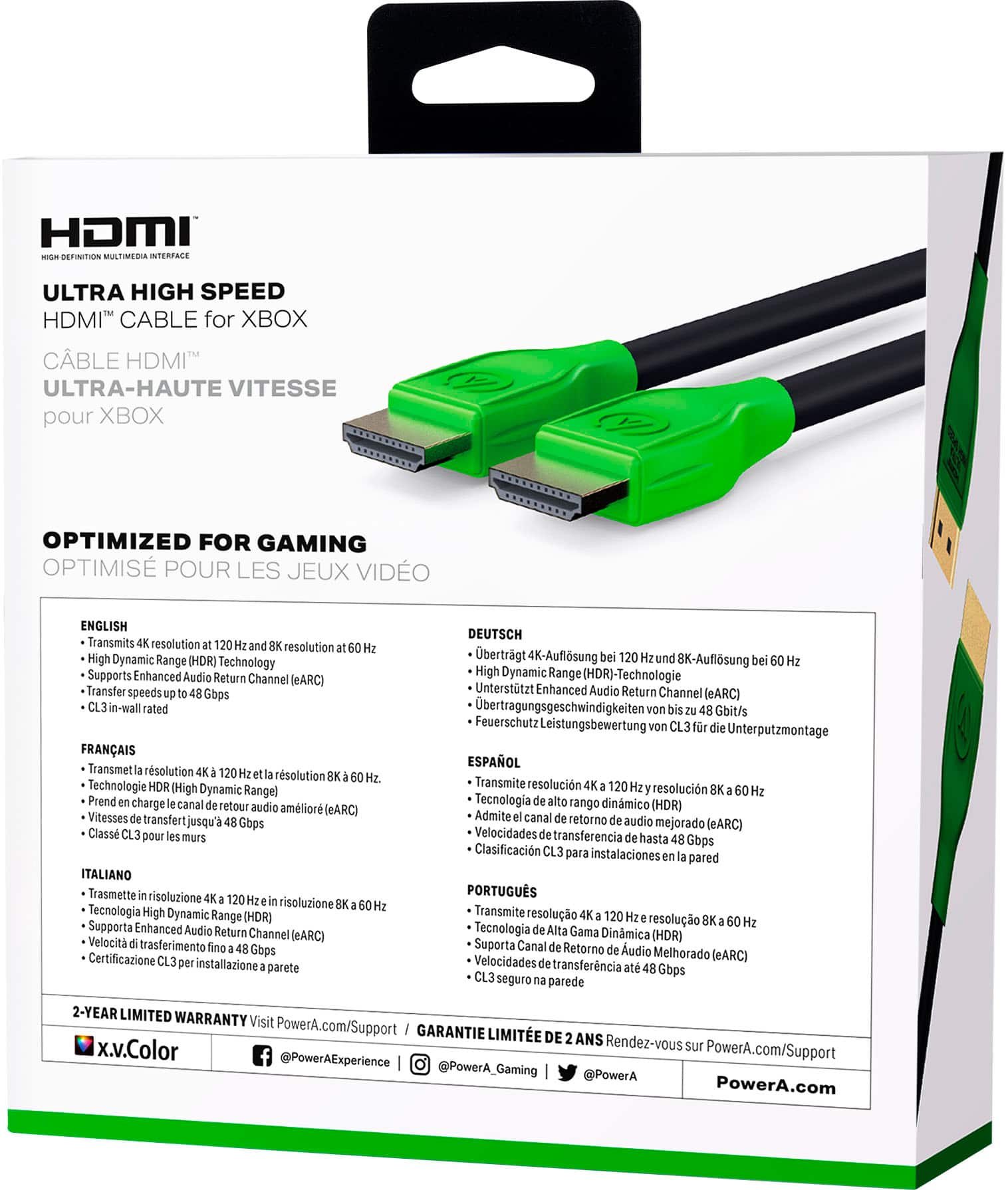 The text on the image reads:
"HDMI ULTRA-HAUTE VITESSE pour XBOX OPTIMISED FOR GAMING OPTIMISE POUR LES JEUX VIDO ENGLISH Transmits resolution 120 and resolution High Dynamic Range HDR) Technology Supports Enhanced Audio Return Channel (eARC) Transfer speeds Gbps CL3 -wall rated FRANAIS Transmet rsolution 4K 120 rsolution Hz. Technologie HDR (High Dynamic Rangel Prend charge canal retour audio amlior eARC) Vitesses transfert jusqu' Gops Class CL3 pour murs ITALIANO Trasmette risoluzione 120 risoluzione Tecnologia High Dynamic Range (HDR) Supporta Enhanced Audio Return Channel (eARC) trasferimento fino Gbps Certificazione CL3 per installazione parete DEUTSCH bertrgt 4K-Auflsung bei 120 und 8K-Auflsung bei Hz High Dynamic Range (HDR)-Technologie Untersttzt Enhanced Audio Return Channel (eARC) bertragungsgeschwindigkeiten von bis Gbit/s Feuerschutz Leistungsbewertung von CL3 fr die Unterputzm"
The text is in French, Italian, and English, and it describes the features and specifications of the HDMI cable.
