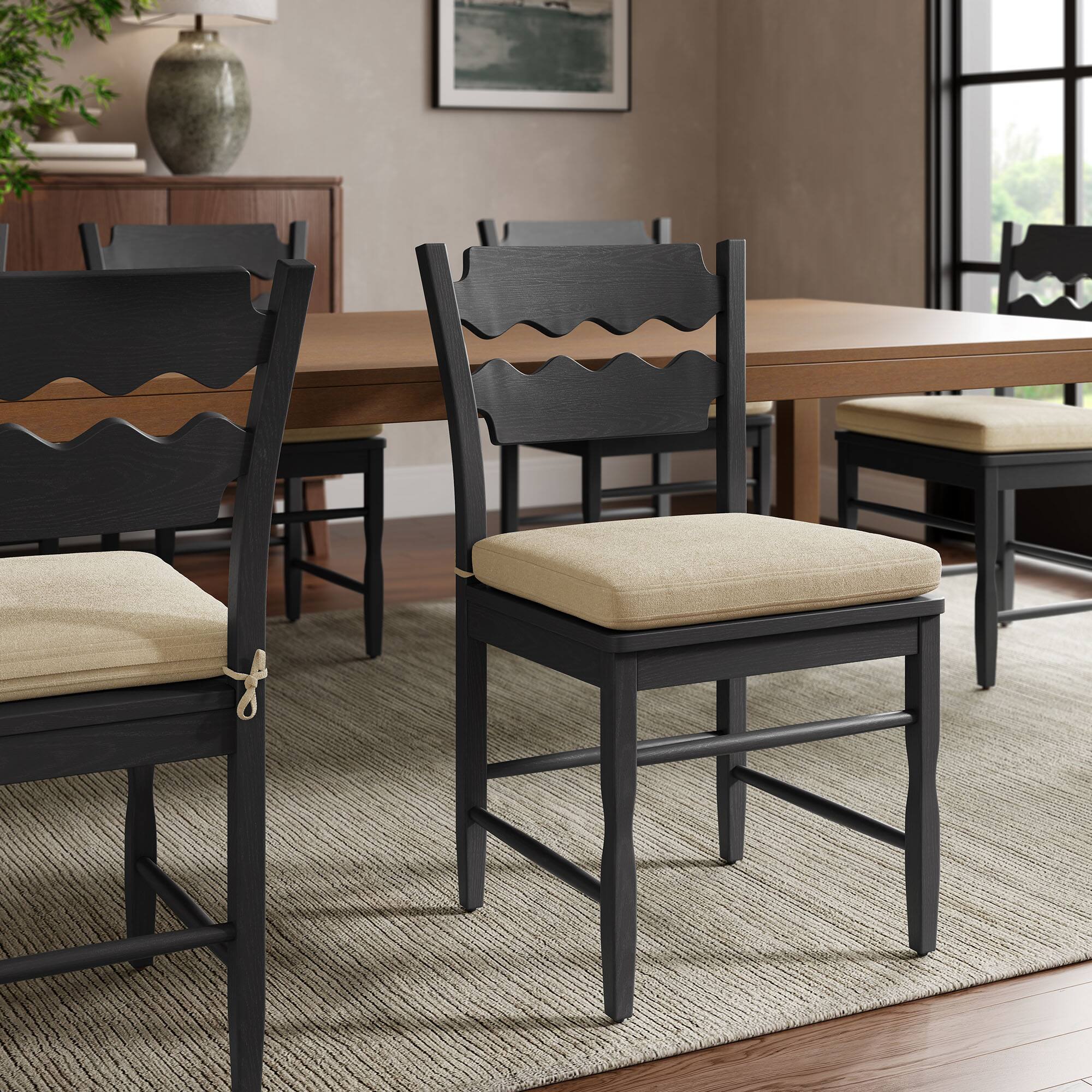 Jax Oak Wood Dining Chair With Wavy Razor Back and Cushion by Modway - Black Linen