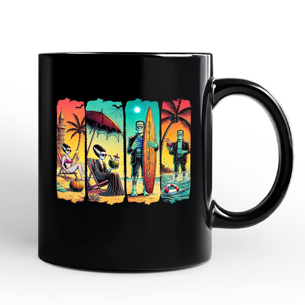 OrnamentallyYou - Frankenstein's Beach Vacation Mug, Retro Neon Summer Vibes Gift - Black