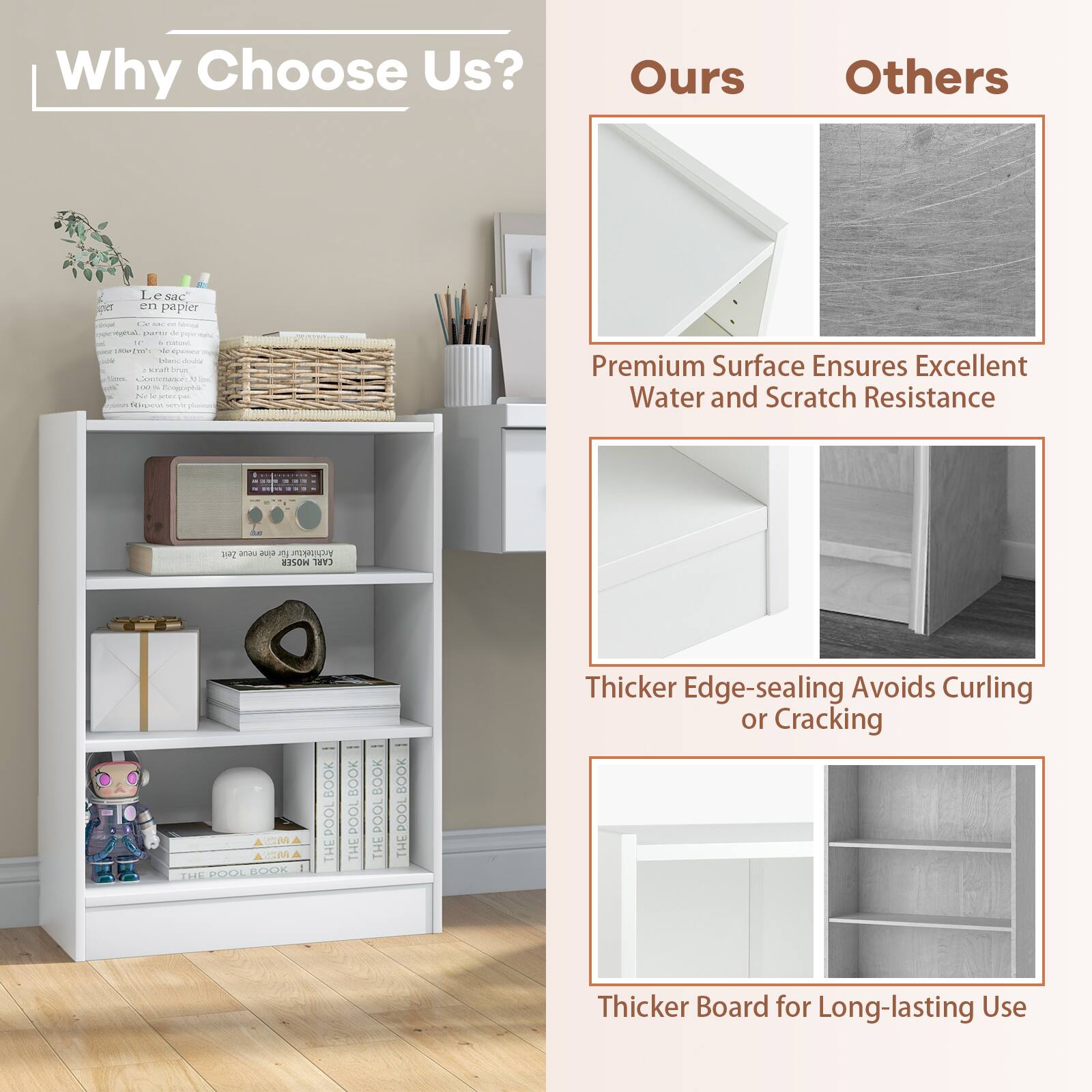 Why Choose Us?

Ours
- Premium Surface Ensures Excellent Water and Scratch Resistance
- Thicker Edge-sealing Avoids Curling or Cracking
- Thicker Board for Long-lasting Use

Others
- 1 D sac ie en papier
- 1 Sd a C de -. na - ER - Nwona e Sileon a d kot Srw - CeeN A - .. - 7 L ae E - - IRNiT KPSOH m TAn 2An RO-OL BOOK THE BOOK POOL THE BOOK POOL THE BOOK POOL THE BOOK POOL THE