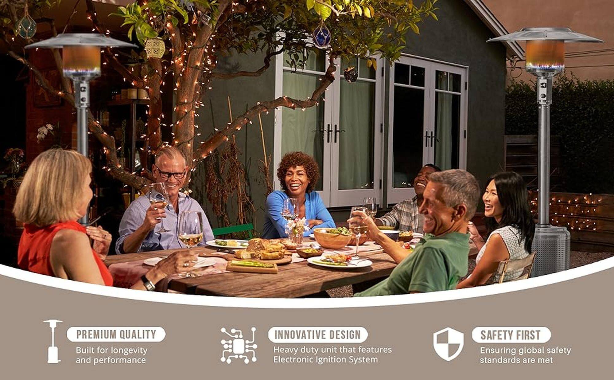 Premium Quality: The image features a group of people sitting around a table, enjoying a meal together. The table is set with various items such as cups, bowls, and a bottle. The group appears to be engaged in conversation and enjoying their time together.

Innovative Design: The table is surrounded by several chairs, and there are potted plants nearby, adding a touch of greenery to the scene. The chairs are arranged in a way that encourages interaction and socializing among the group members.

Heavy Duty Unit: The table and chairs are sturdy and well-built, ensuring that they can withstand the wear and tear of regular use. The table is large enough to accommodate the group comfortably, and the chairs are arranged in a way that allows for easy access and movement.

Electronic Ignition System: The image does not provide any information about an electronic ignition system. It is possible that the table is part of an outdoor setting, such as a patio or a garden, where an electronic ignition system might be used for lighting or heating purposes.

Safety First: The image does not provide any information about safety standards or global safety measures. However, the group of people is gathered around a table, which suggests that they are following social norms and engaging in a safe and enjoyable experience.