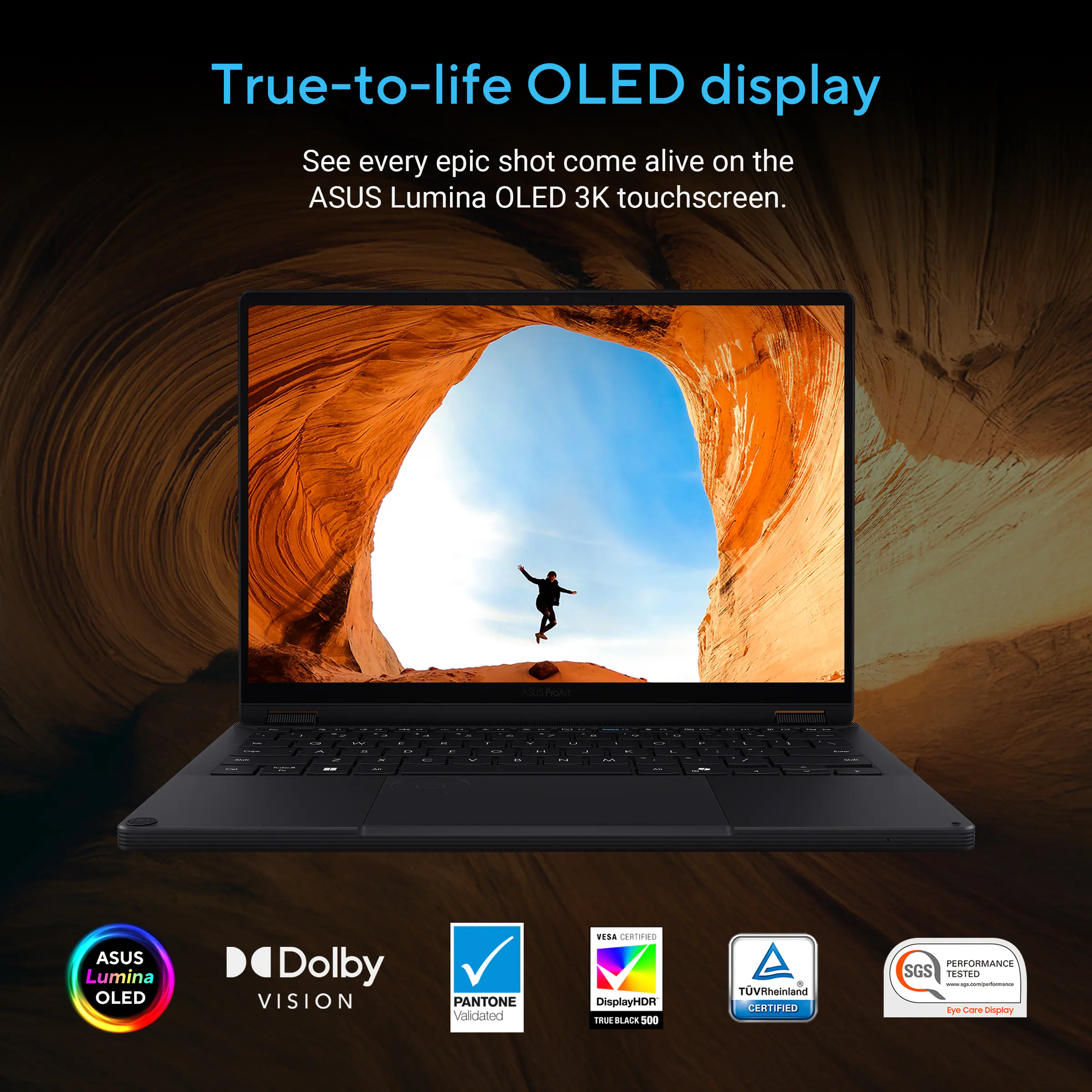 True-to-life OLED display  
See every epic shot come alive on the ASUS Lumina OLED 3K touchscreen.  

ASUS Lumina OLED Dolby VISION PANTONE Validated  
HL. EB DisplayHDR Tut BLAIA 500 TUV Rheinland CERTIFIED PERFORMANCE SGS TESTED - Eye Care Display
