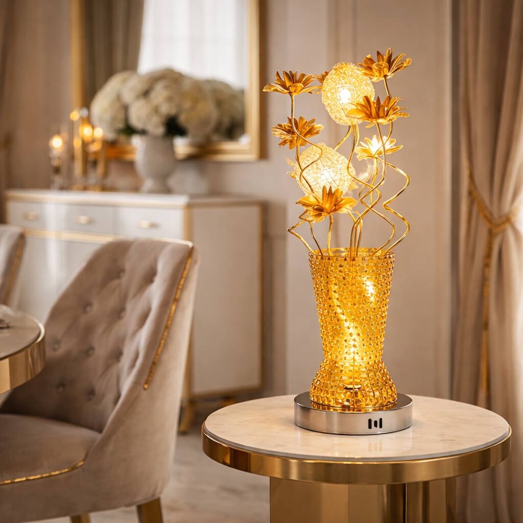 Angle. FC Design - 24"H Gold Vase w/ Metallic Floral Stem Design Table Lamp.