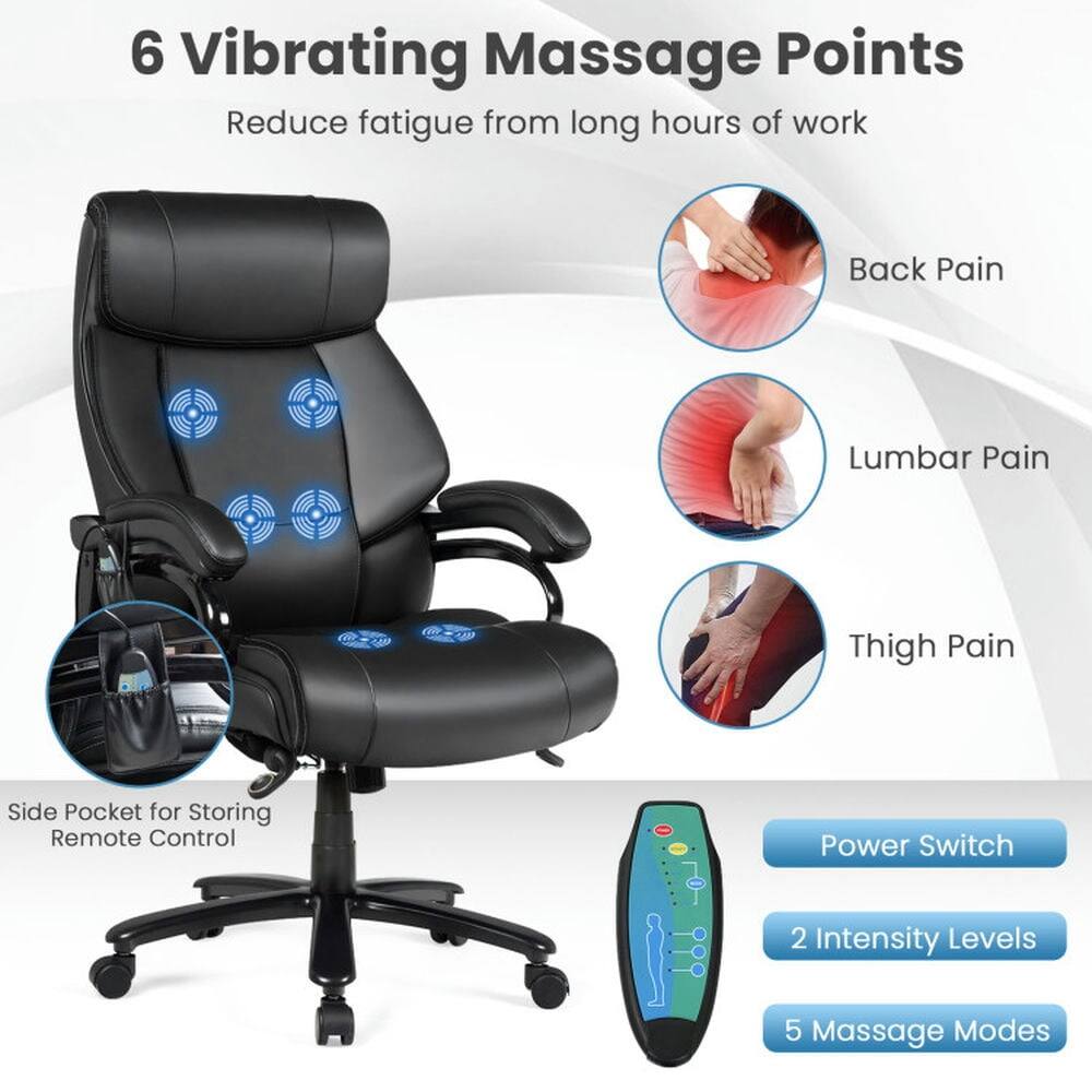 6 Vibrating Massage Points  
Reduce fatigue from long hours of work  

Back Pain  
Lumbar Pain  
Thigh Pain  

Side Pocket for Storing Remote Control  

Power Switch  
2 Intensity Levels  
5 Massage Modes