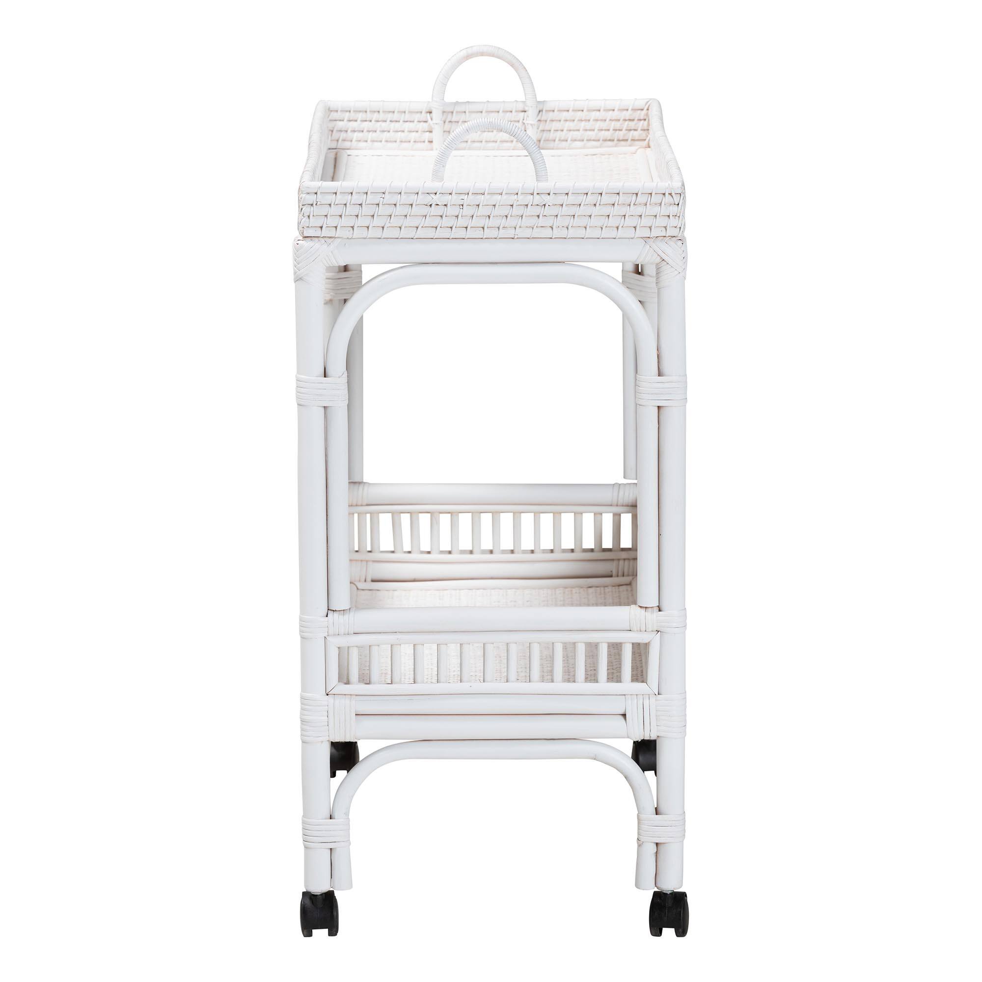 Left. bali & pari - Lombok Natural Rattan Wine Cart - Handwoven Wicker 2-Tier Mobile Bar Cart with Raised Tray Top - White.