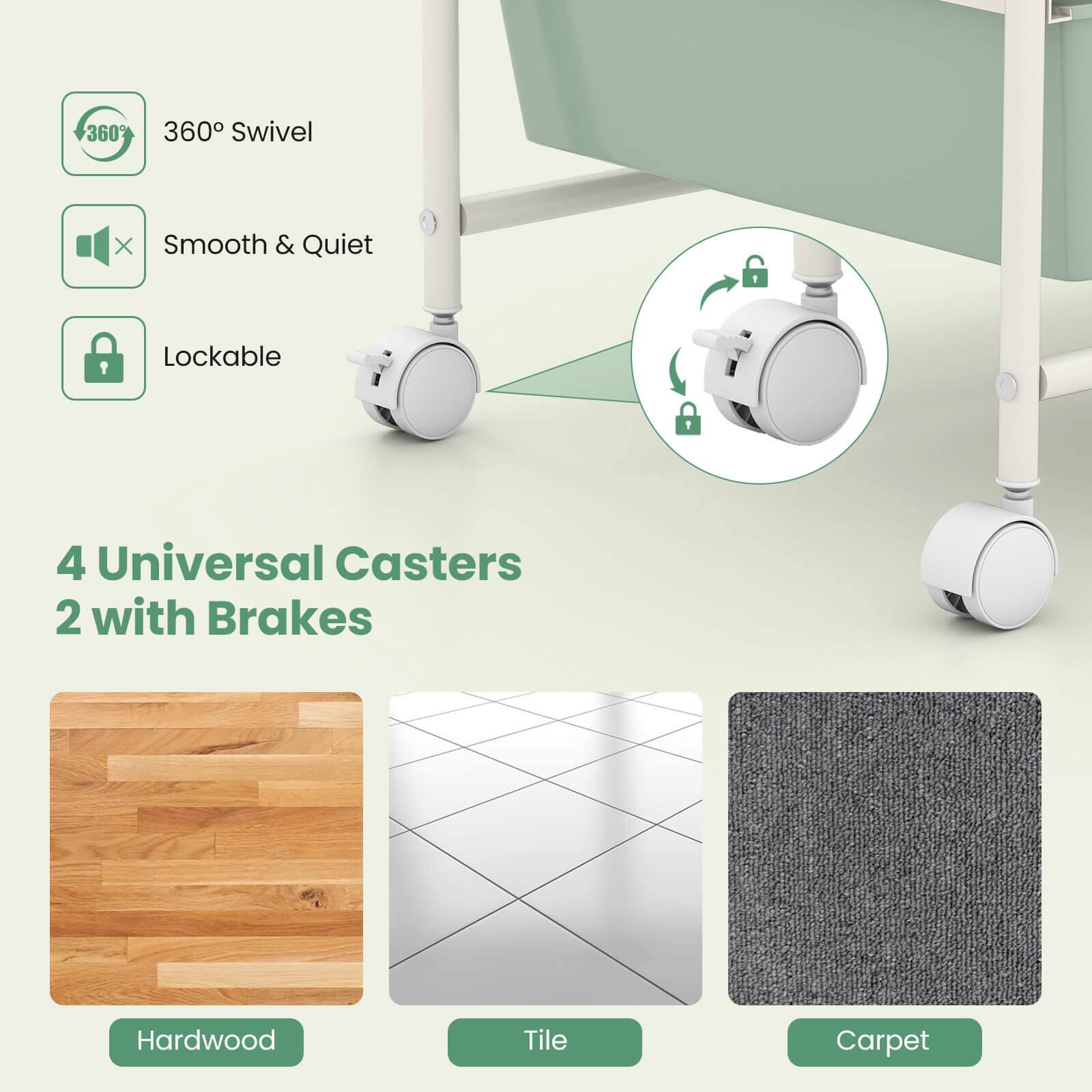 360° Swivel  
Smooth & Quiet  
Lockable  
4 Universal Casters  
2 with Brakes  
Hardwood  
Tile  
Carpet