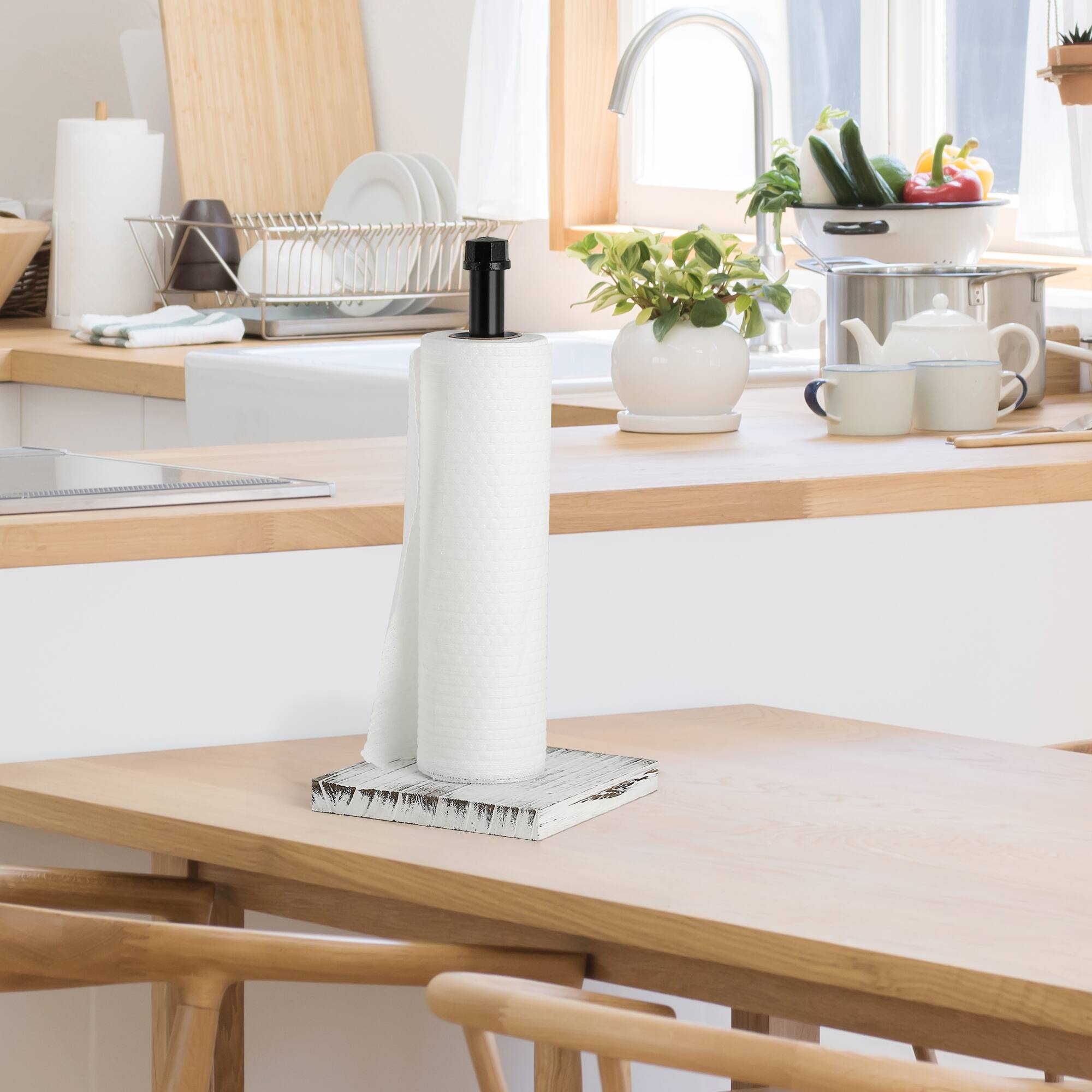 Alt View 1. Oumilen - Industrial Pipe Paper Towel Holder with Distressed White Wood Base, Matte Black Metal Kitchen Roll Dispenser.
