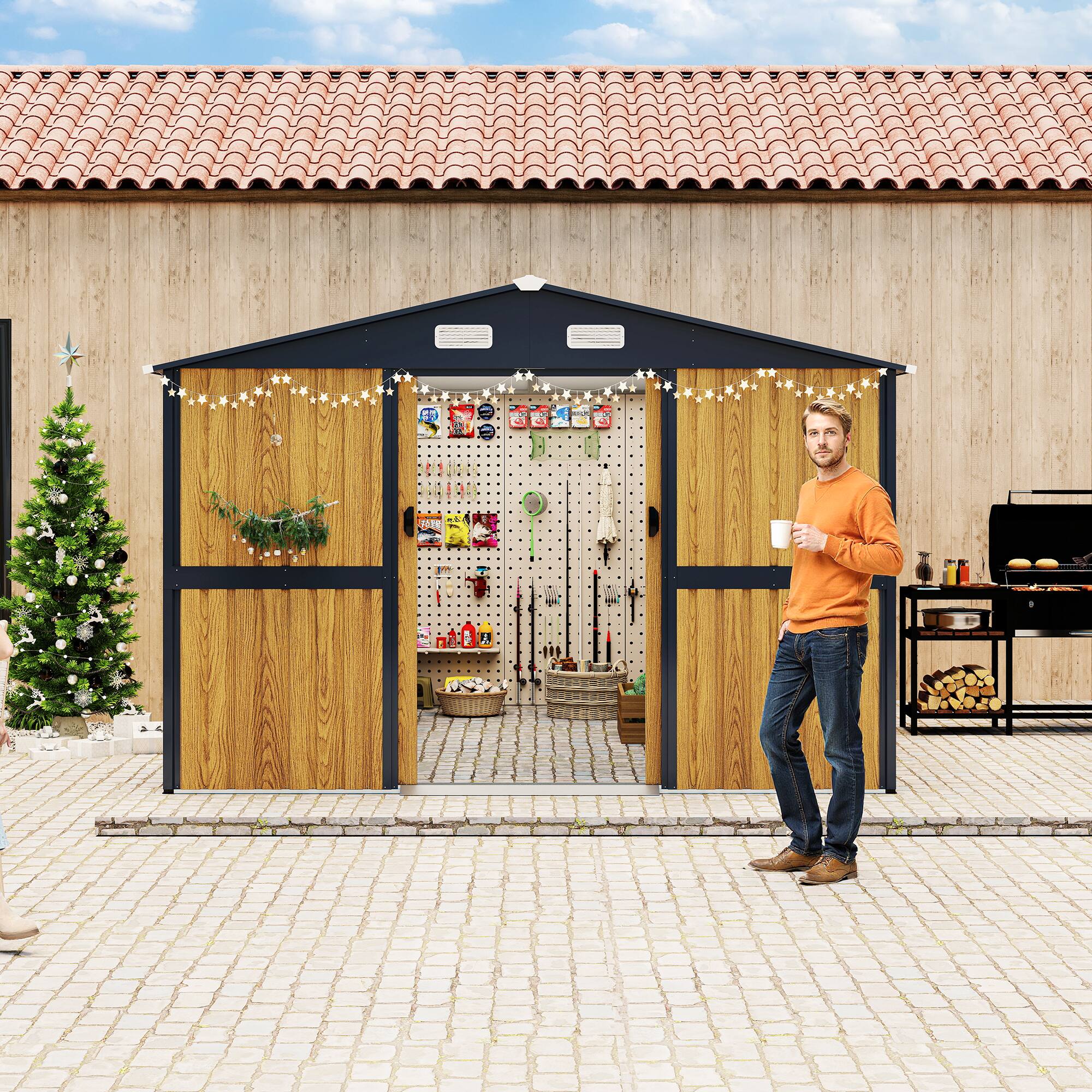 Alt View 1. Anysun - 10x12ft Heavy-Duty Outdoor Metal Garden Tool Storage Shed with Lockable Doors & Windows, without Wood Panels & Frame - Yellow.