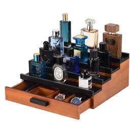 Unique Bargains - 4 Tier Wood Perfume Organizer for Men, Display Stand with Velvet Lining Drawer and Hidden Compartment for Watch, Jewelry - Black Walnut