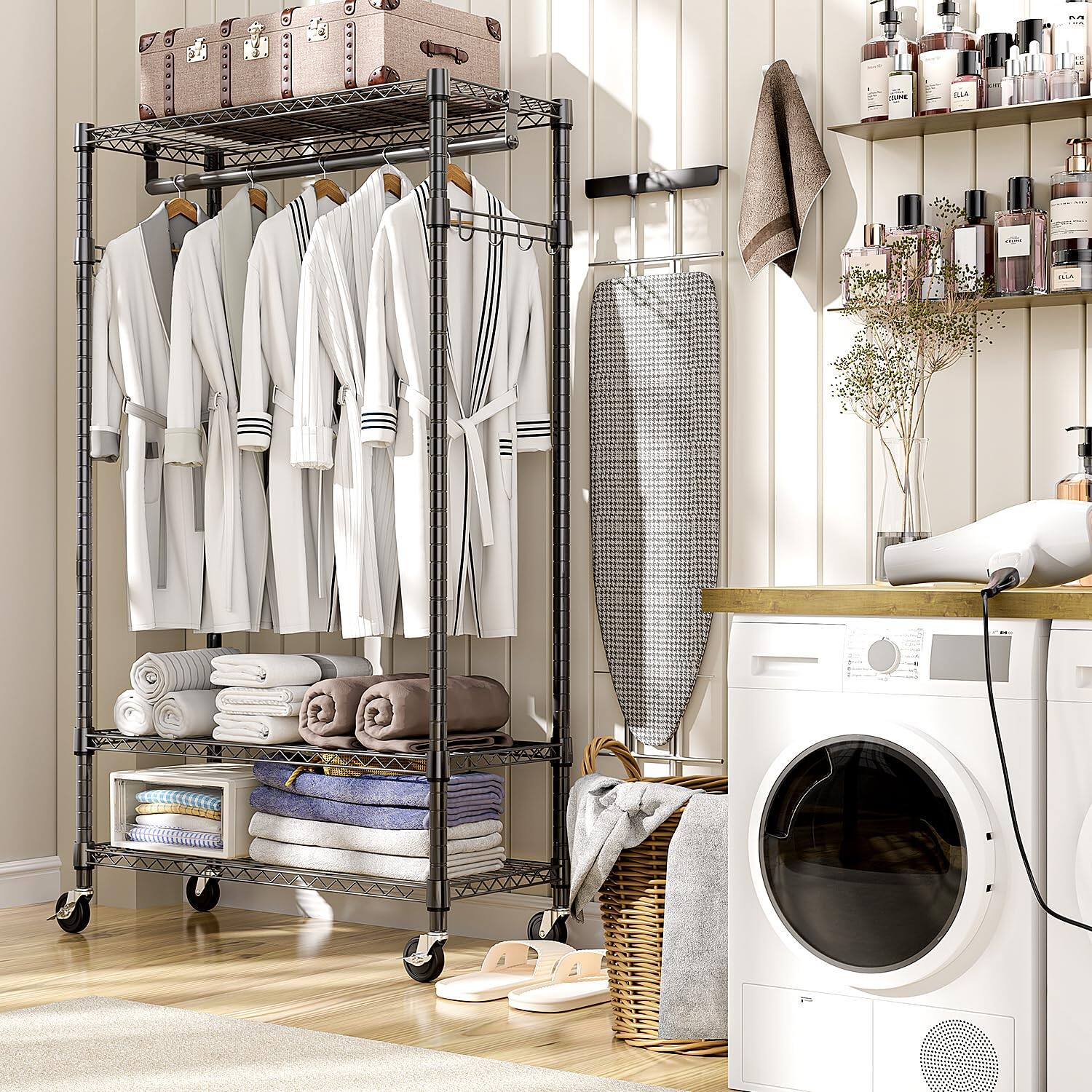 Alt View 6. Hirose Alice - Heavy Duty Rolling Garment Rack 3 Tiers Wire Shelving Clothes Rack with Rods and Side Hooks Storage Closet - Chrome 3 Tier and 2 Rod 15.7"D x 45.3"W x 79.6"H.