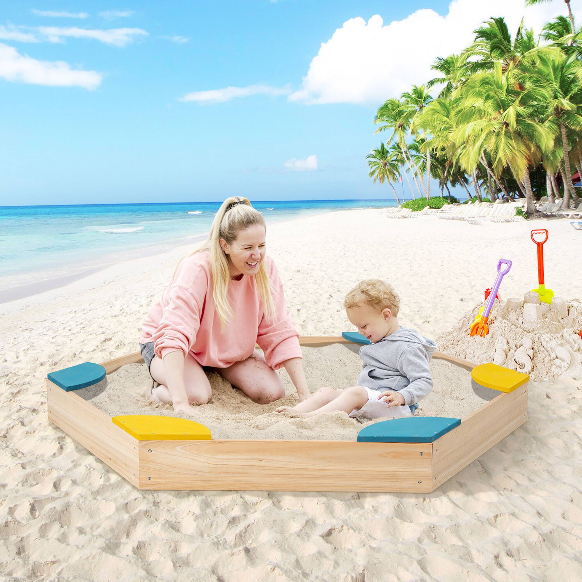 Alt View 1. Costway - Costway Outdoor Wooden Sandbox with Seats Backyard Bottomless Sandpit for Kids Aged 3+ - Multicolor.