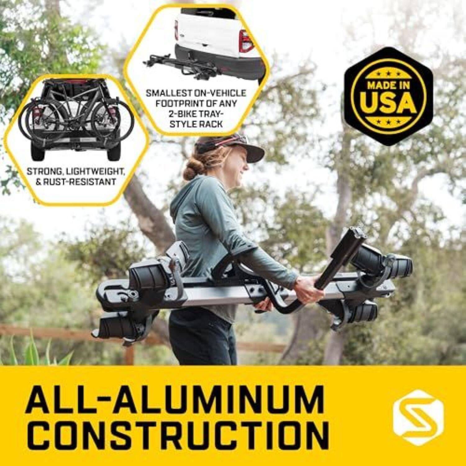 SMALLEST ON-VEHICLE FOOTPRINT OF ANY 2-BIKE TRAY-STYLE RACK MADE IN USA

STRONG, LIGHTWEIGHT, & RUST-RESISTANT ALL-ALUMINUM CONSTRUCTION