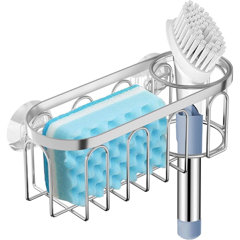 Front. PARKER SLATER - 2-in-1 Sink Sponge Holder – Silver Rustproof Suction Cup Caddy for Brush & Soap.