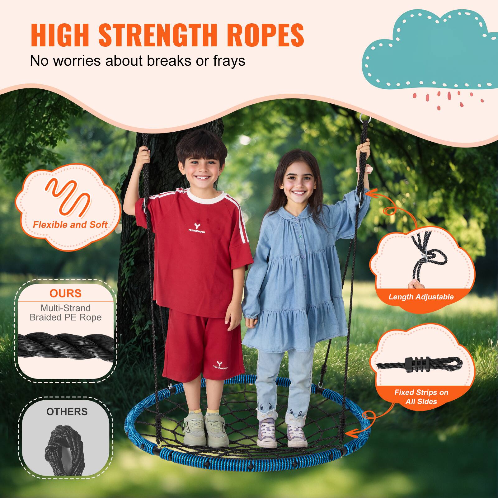 HIGH STRENGTH ROPES
No worries about breaks or frays

Flexible and Soft

OUR'S
Multi-Strand Braided PE Rope

OTHERS
Fixed Strips on All Sides

Length Adjustable