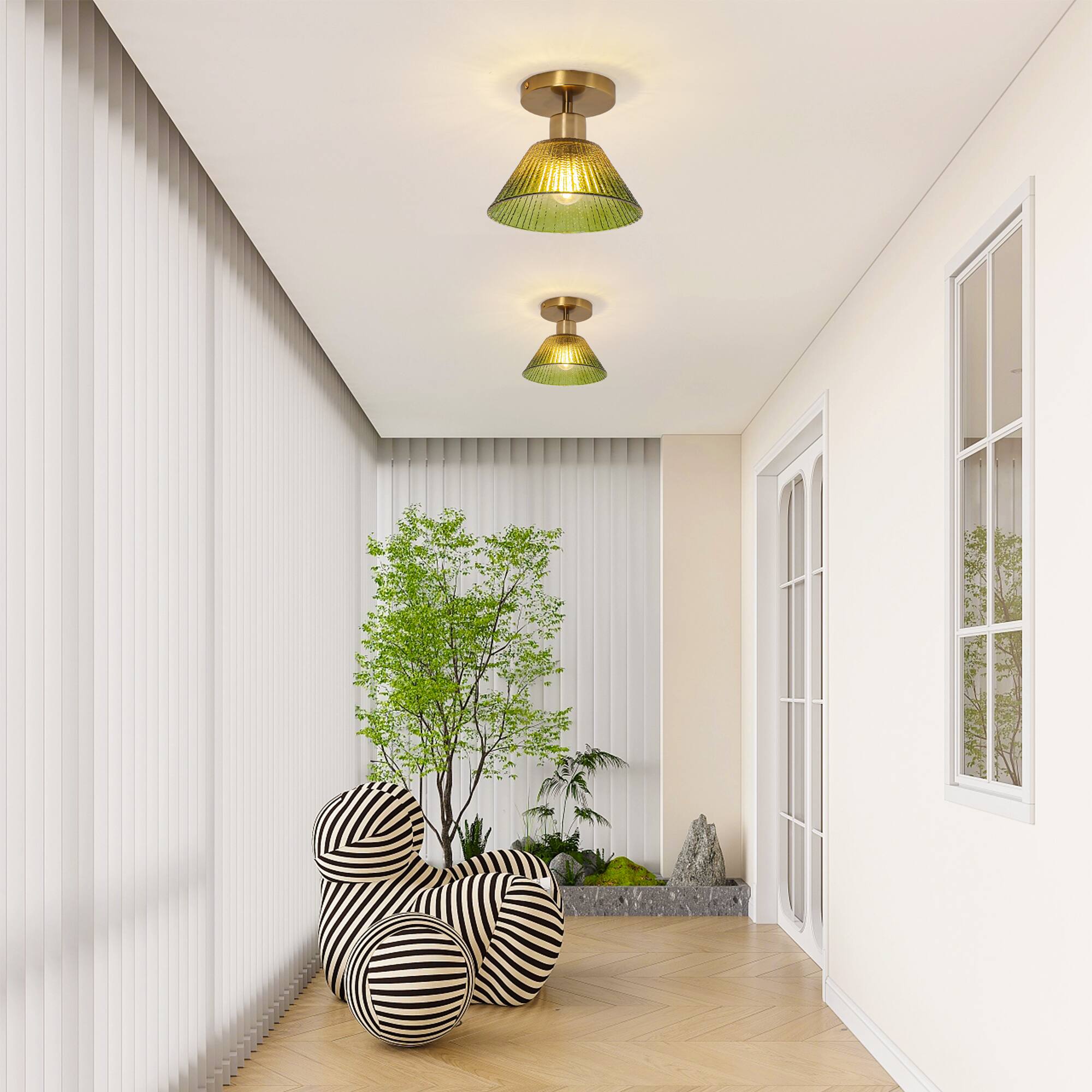 Left. Parrot Uncle - 7.5" Vintage Green Glass Hallway Semi Flush Mount Ceiling Light - Green.