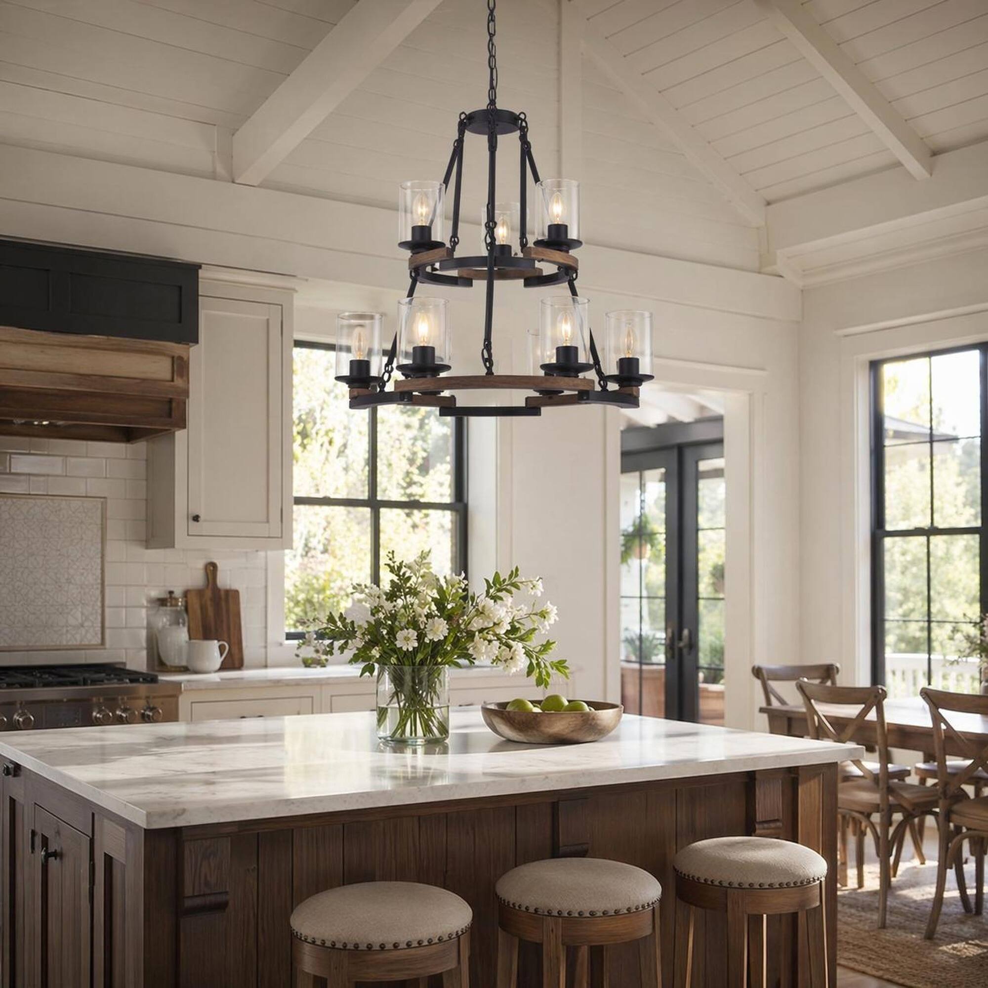 Left. RYHNUYNE - 9-Light Rustic Wagon Wheel Chandelier with Distressed Wood Accents, Black Iron Frame, Adjustable Hanging Chain.