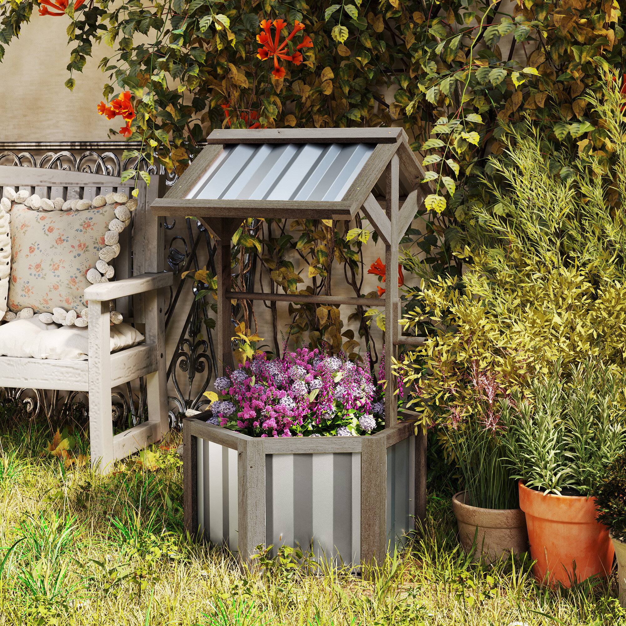Alt View 1. Outsunny - Wooden Wishing Well Planter, Raised Garden Bed with Galvanized Canopy, Hexagon Outdoor Planter Box - Light Gray.