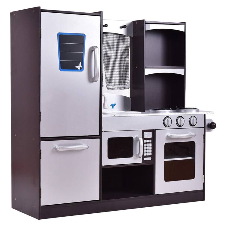 Front. SlickBlue - Children’s Wooden Modern Cooking Pretend Play Kitchen Set - Coffee, Silver.