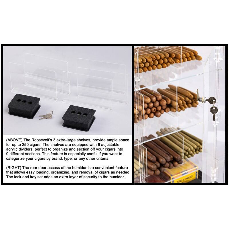(ABOVE) The Roosevelt's 3 extra-large shelves provide ample space for up to 250 cigars. The shelves are equipped with 6 adjustable acrylic dividers, perfect to organize and section off your cigars into 9 different sections. This feature is especially useful if you want to categorize your cigars by brand, type, or any other criteria.

(RIGHT) The rear door access of the humidor is a convenient feature that allows easy loading, organizing, and removal of cigars as needed. The lock and key set adds an extra layer of security to the humidor.