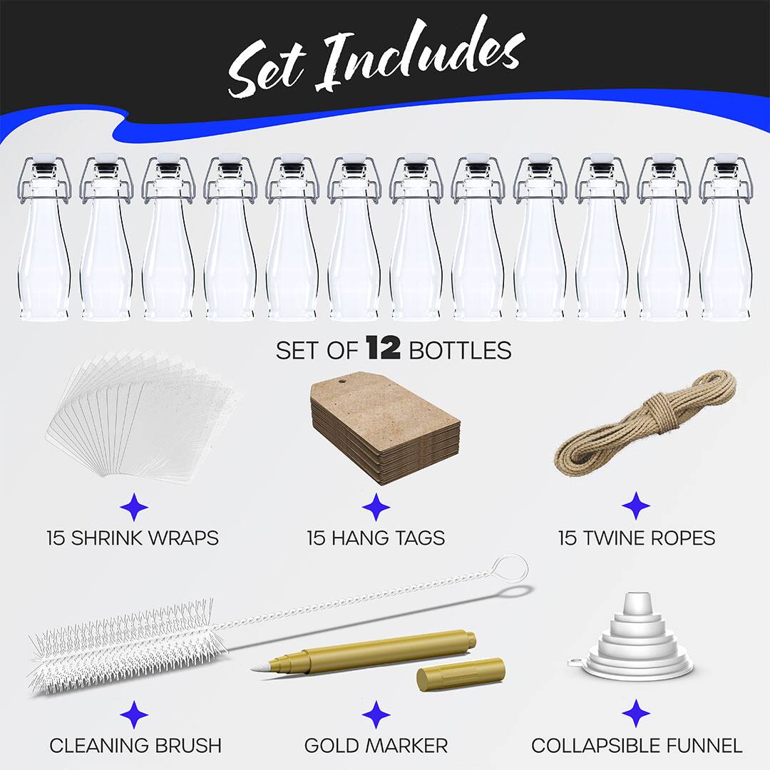 Set Includes

- SET OF 12 BOTTLES
- 15 SHRINK WRAPS
- 15 HANG TAGS
- 15 TWINE ROPES
- CLEANING BRUSH
- GOLD MARKER
- COLLAPSIBLE FUNNEL