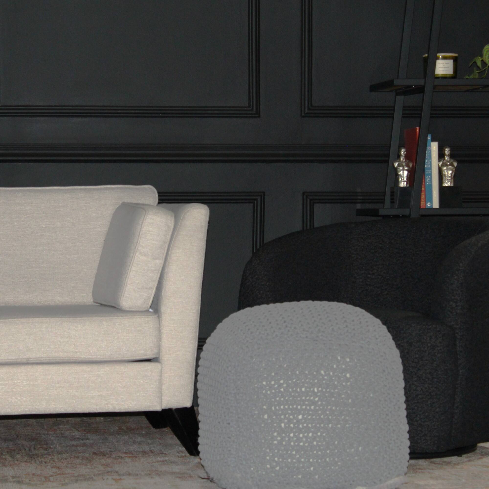 Left. GOODSILO - Handmade Cable Knit Semi-Rounded Pouf - Versatile Footrest and Seating for Living Spaces - Soft Cotton Fabric - Light Gray.