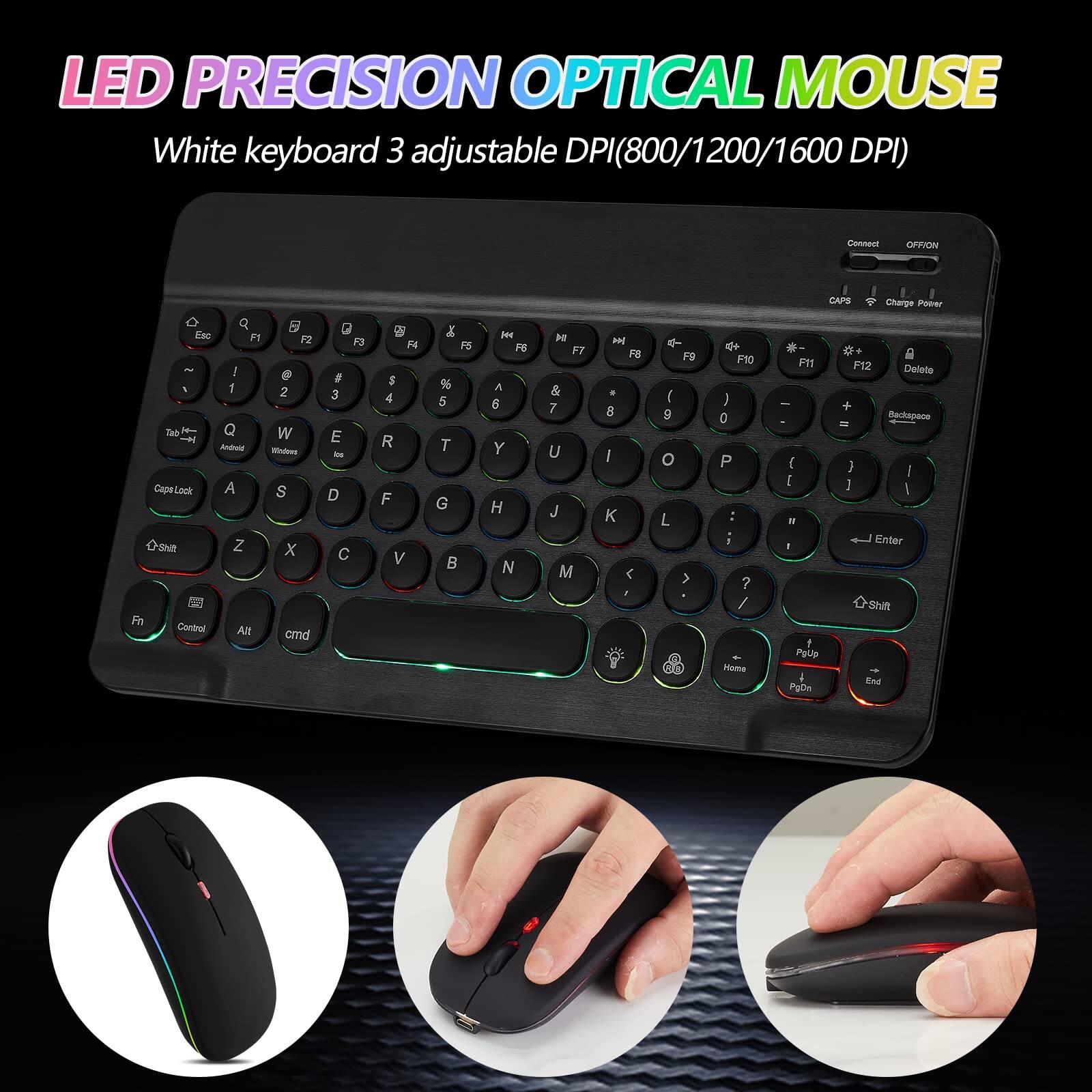 LED PRECISION OPTICAL MOUSE  
White keyboard 3 adjustable DPI (800/1200/1600 DPI)  

Connect OFF/ON  
CAPS Charge Power  

Esc F1 F2 F3 F4 F5 F6 F7 F8 F9 F10 F11 F12 Delete Backspace  
1 2 3 4 5 6 7 8 9 0 - =  
Q W E R T Y U I O P [ ] \  
A S D F G H J K L ; ' Enter  
Z X C V B N M , . / Shift  
Caps Lock Tab Android Windows Ice  
Fn Control Alt cmd  
PgUp Home PgDn End  
PgDn