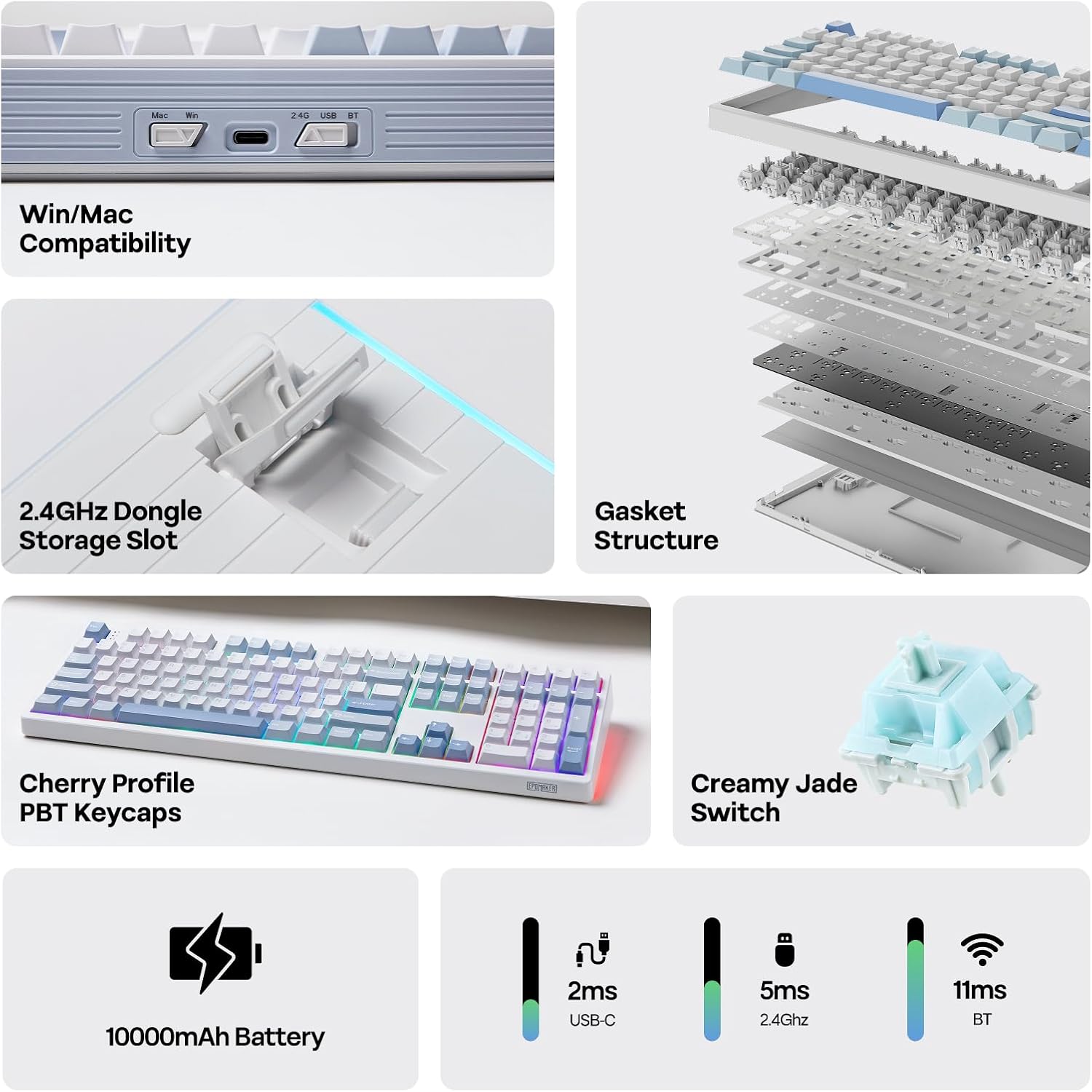 - Win/Mac Compatibility
- 2.4GHz Dongle Storage Slot
- Gasket Structure
- Cherry Profile PBT Keycaps
- Creamy Jade Switch
- 10000mAh Battery
- 2ms USB-C
- 5ms 2.4GHz
- 11ms BT