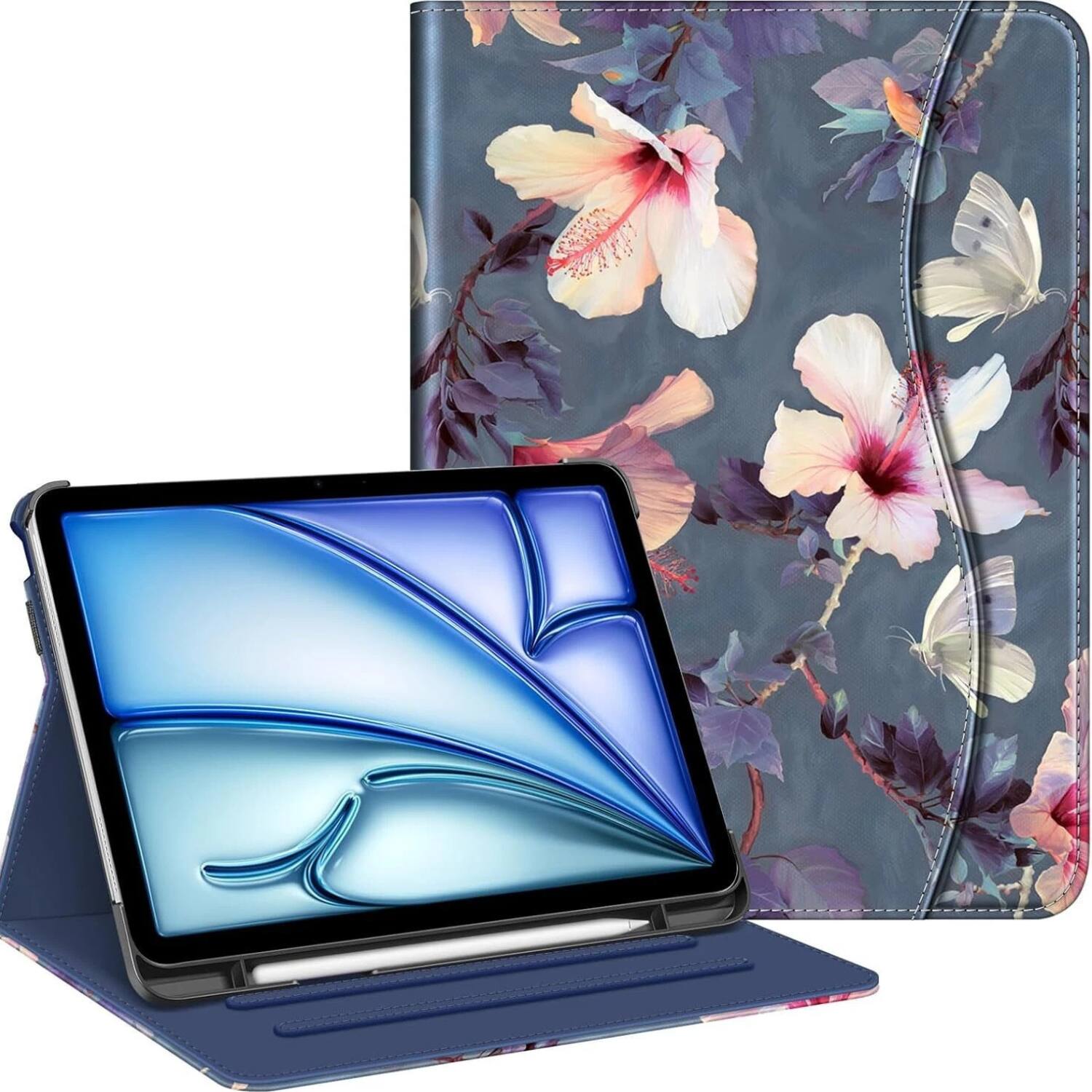 Stock Preferred - iPad Air 11" (M3/M2) Case with Pencil Holder & Pocket – Protective Stand Cover - Blooming Hibiscus