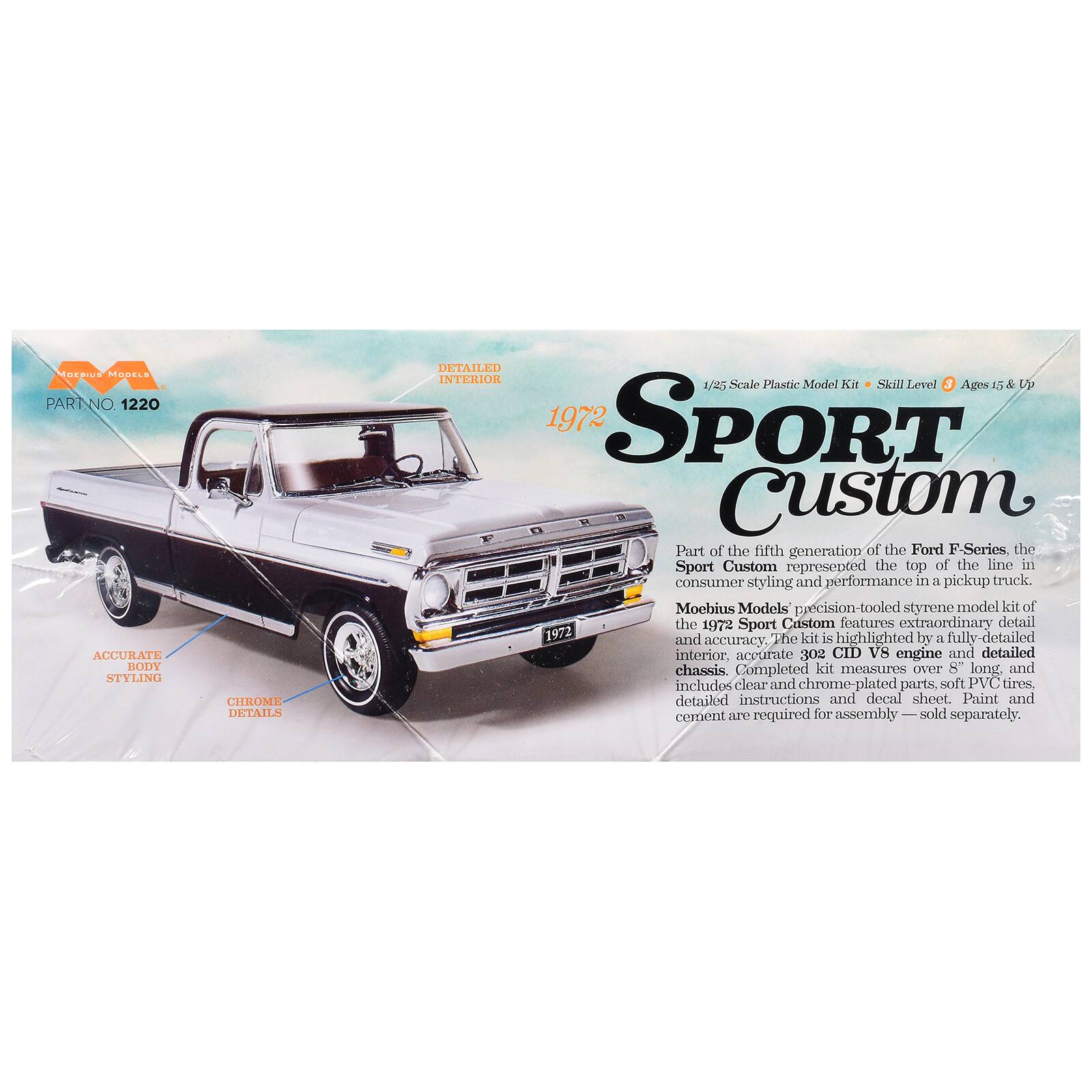 Moebius Models Skill 3 Model Kit 1972 Ford Sport Custom Pickup Truck 1/ ...