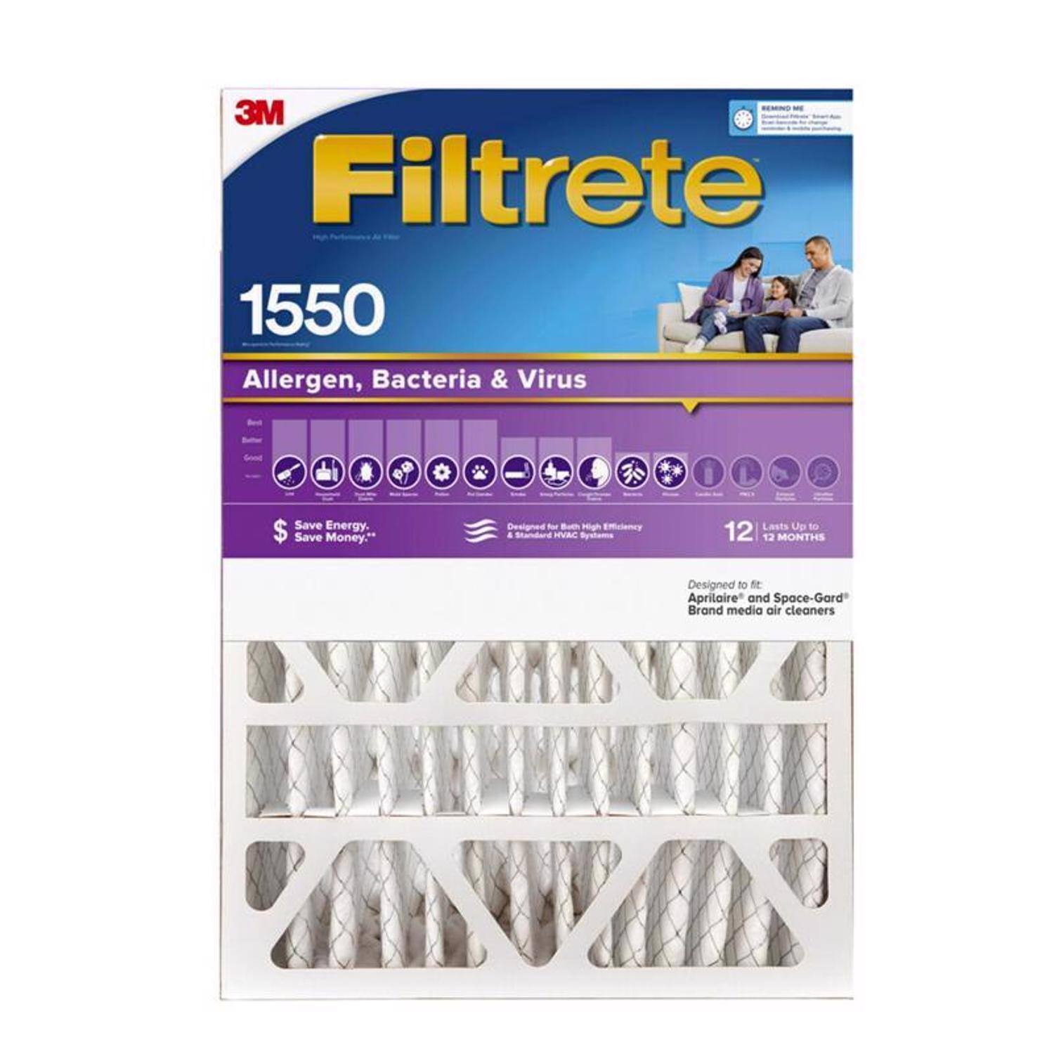 3M Filtrete 1550 Allergen, Bacteria & Virus. Save Energy. Save Money." Designed for High Efficiency & VRE Systems. Lasts Up to 12 MONTHS. Designed to fit Aprilaire and Space-Gard Brand media air cleaners.