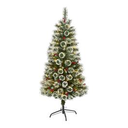 BreeBe - 5’ Frosted Swiss Pine Christmas Tree 200 LED Light & Berries - Multi