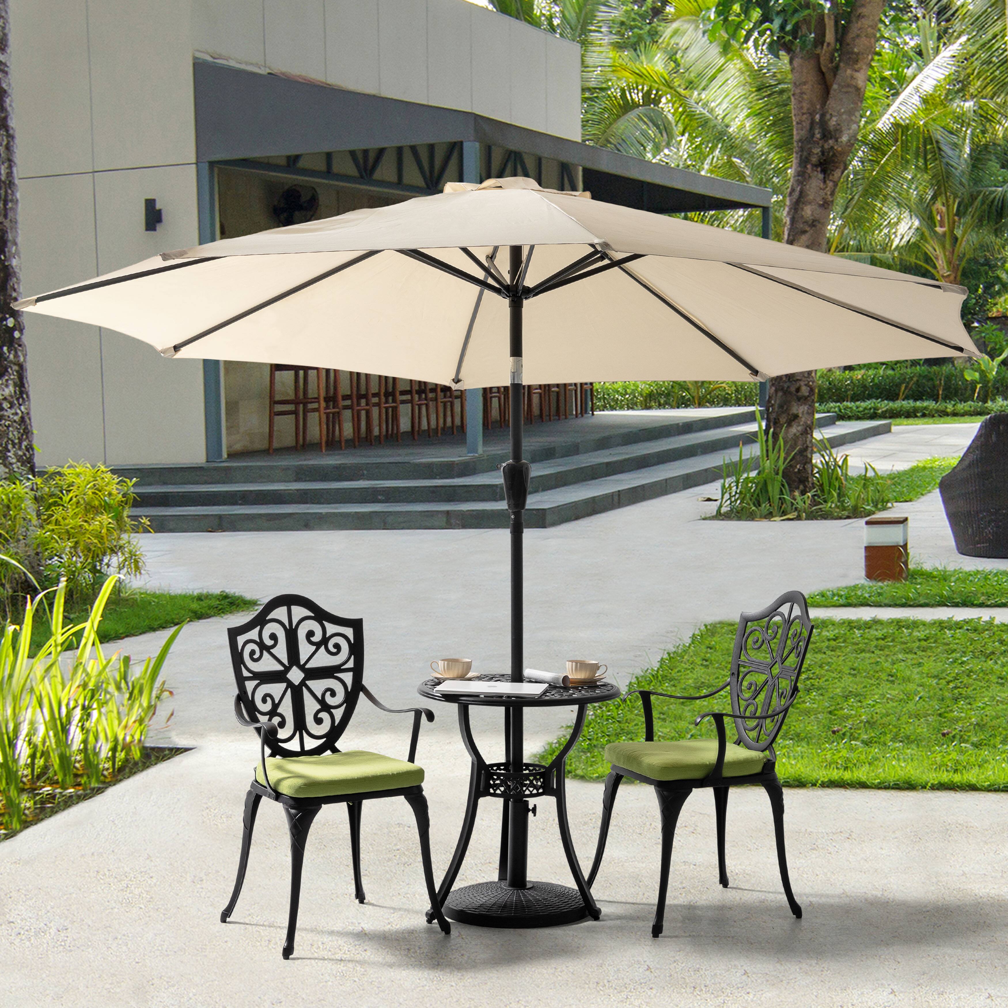 Left. Nuu Garden - 24 Inch Cast Aluminum Bistro Table with Umbrella Hole and 2 Bistro Chairs - Black and Green.