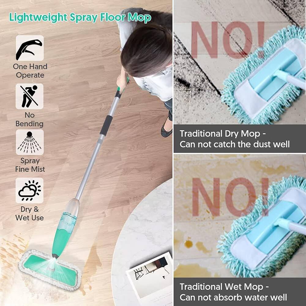 Lightweight Spray Floor Mop

- One Hand Operate
- No Bending
- Spray Fine Mist
- Dry & Wet Use

Traditional Dry Mop - Can not catch the dust well

Traditional Wet Mop - Can not absorb water well
