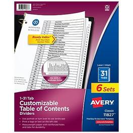 Avery - Ready Index Table of Contents Paper Dividers, 1-31 Tabs, 6 Sets/Pack - White
