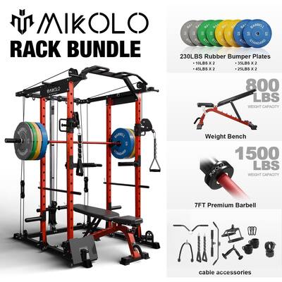 Mikolo Power Rack Cage, 1500 lbs Weight Rack with Cable Crossover Machine, Multi-Function Squat Rack Red