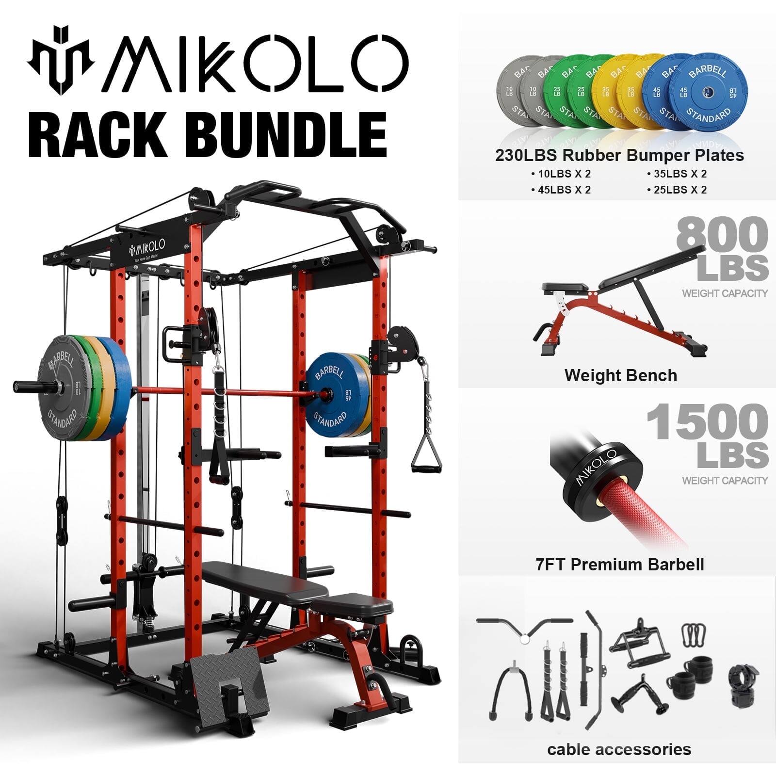 Mikolo Power Rack Cage, 1500 lbs Weight Rack with Cable Crossover  Machine, Multi-Function Squat Rack Red