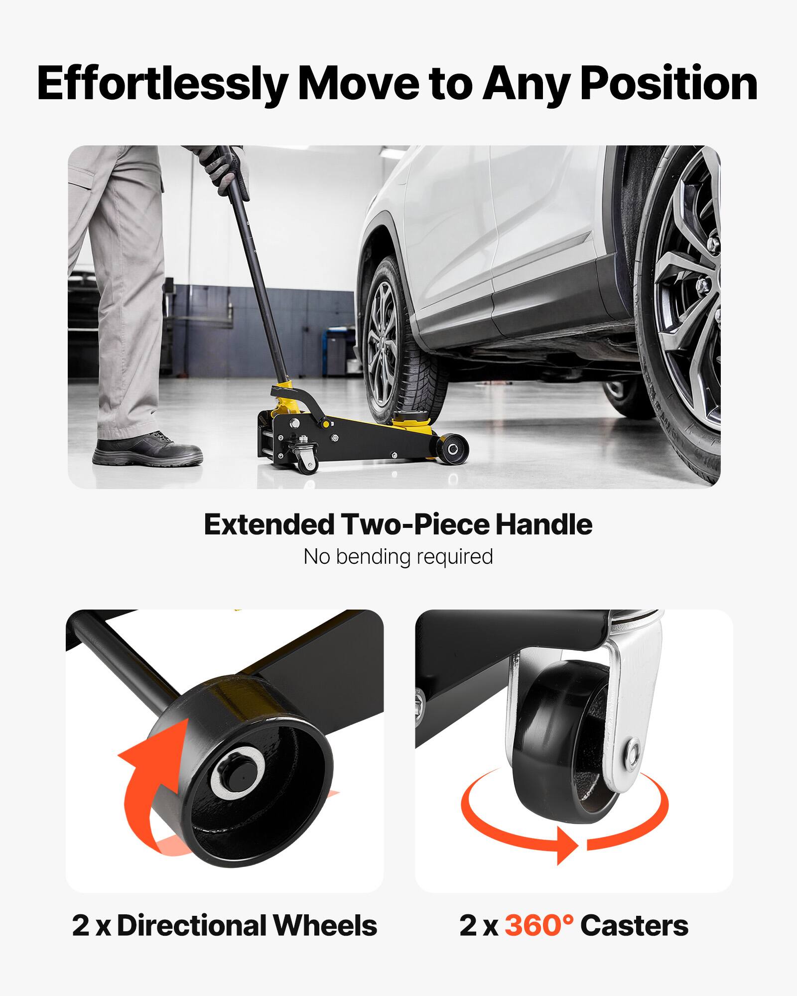 Effortlessly Move to Any Position

Extended Two-Piece Handle
No bending required

2 x Directional Wheels
2 x 360° Casters