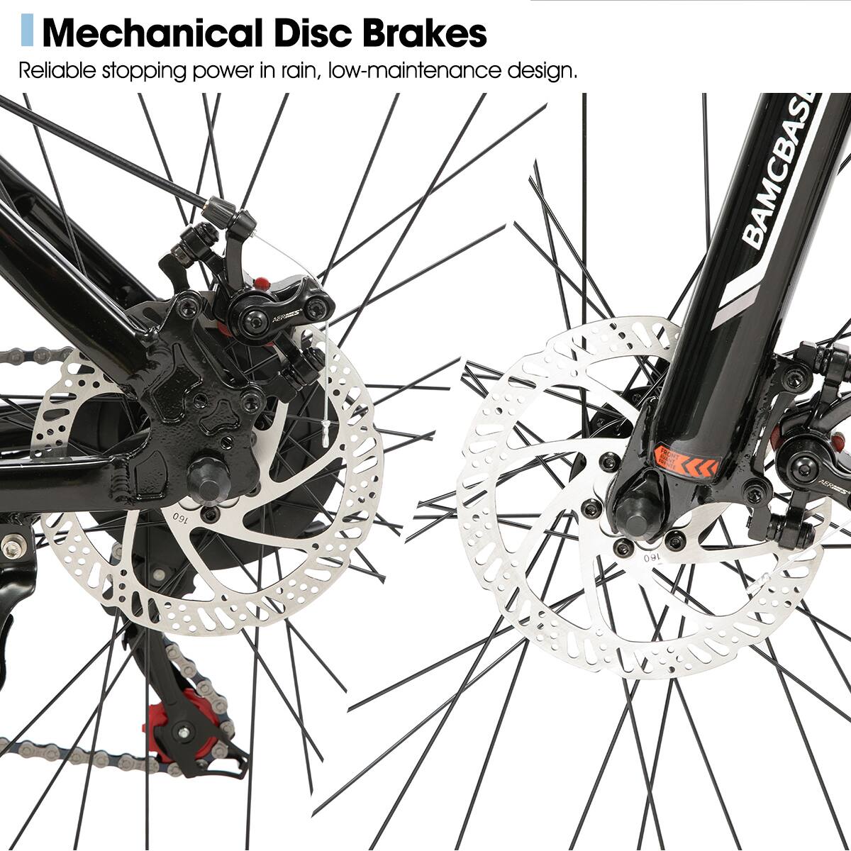 Mechanical Disc Brakes  
Reliable stopping power in rain, low-maintenance design.