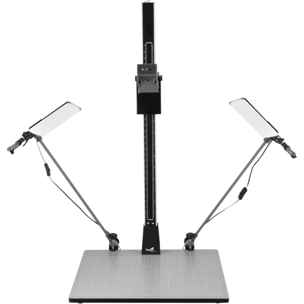 Front. Impact - Pro Copy Stand with Dual LED Panel Light Kit, 42-Inch Column, 23.5-Inch Grid Baseboard, 5600K CRI 95 Lighting - Black.