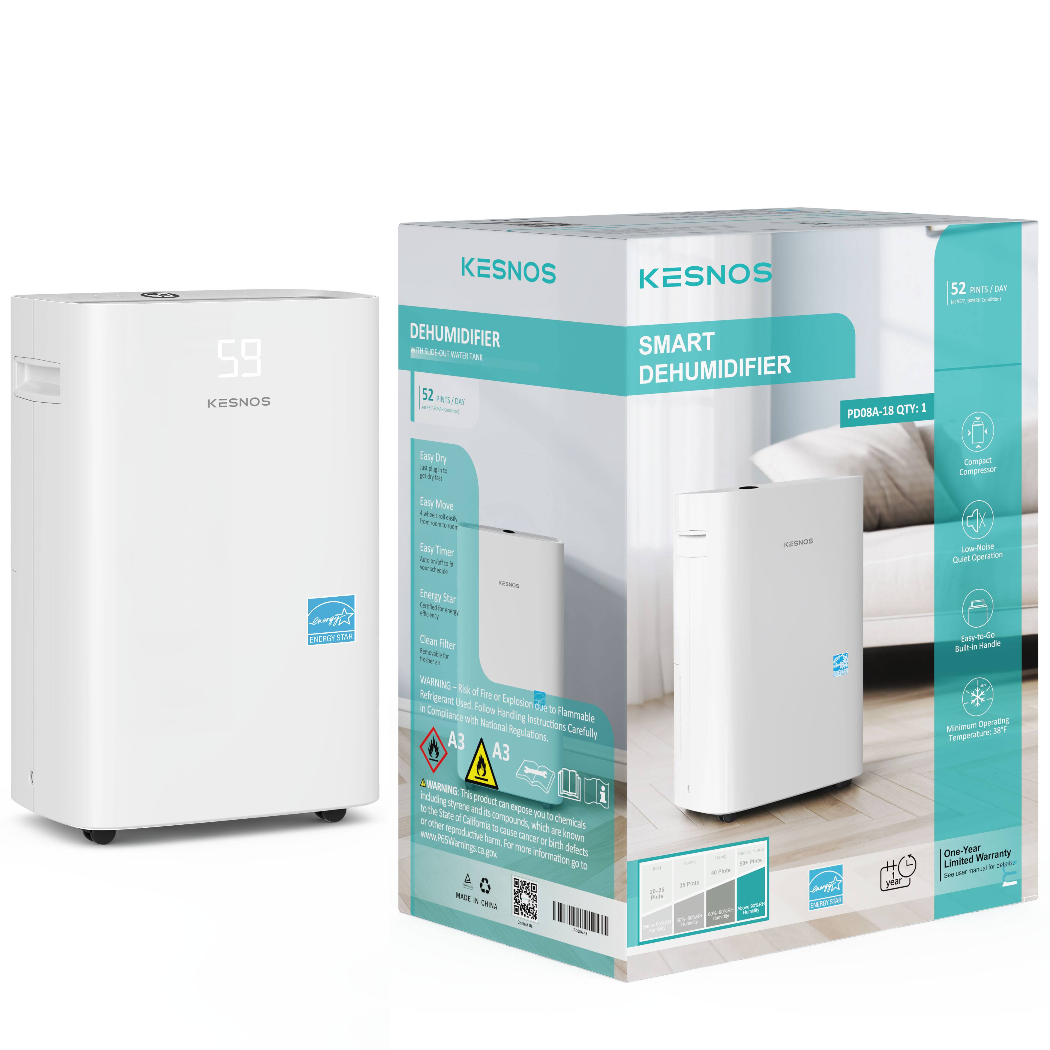KESNOS  
DEHUMIDIFIER  
SMART DEHUMIDIFIER  
PD08A-18 QTY: 1  

52 PINTS/DAY  
Easy Dry  
Easy Move  
Compact Compressor  
Easy Timer  
Energy Star  
Clean Filter  
Low Noise Operation  
Easy to Go - Built-in Handle  
Minimum Operating Temperature: 38°F  
One-Year Limited Warranty  

WARNING: Risk of Fire or Explosion in Compressor with National Regulations  
A3  
MADE IN ITALY  

Note: For more information, see instructions.  
California Proposition 65: This product contains chemicals known to the State of California to cause cancer or birth defects or other reproductive harm. www.P65Warnings.ca.gov  

Energy Star  
Compact Compressor  
Clean Filter  
Low Noise Operation  
Minimum Operating Temperature: 38°F  
One-Year Limited Warranty  

Made in Italy