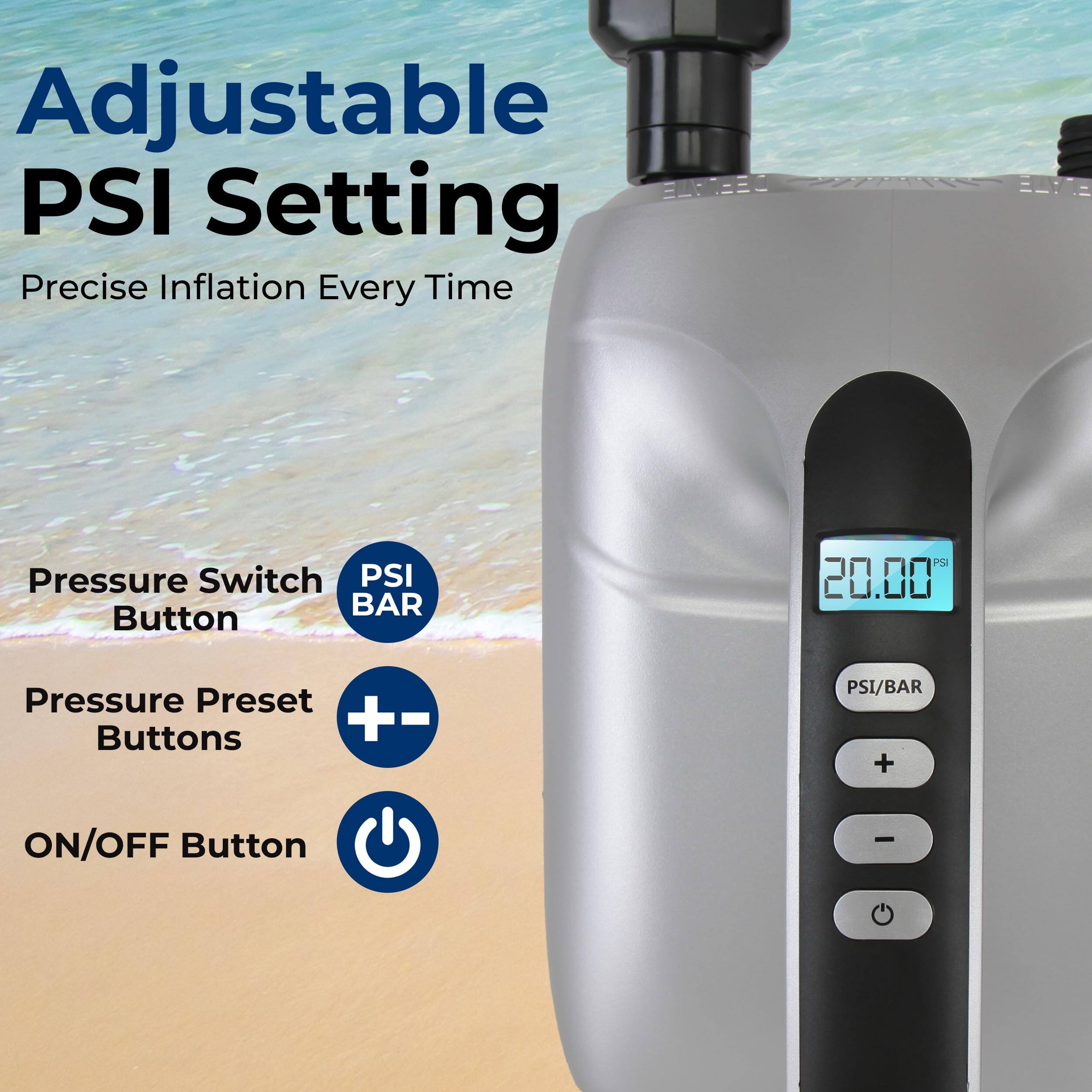 Adjustable PSI Setting  
Precise Inflation Every Time  

Pressure Switch PSI BAR Button  
Pressure Preset Buttons +-  
ON/OFF Button -
