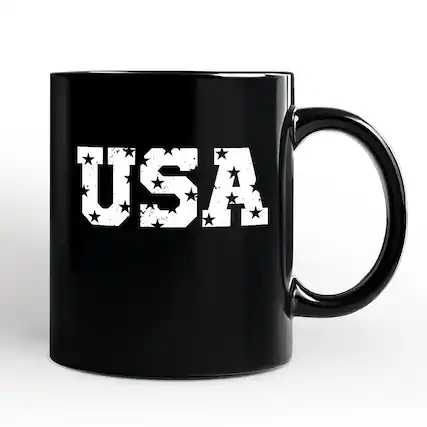 Front. OrnamentallyYou - USA Block Letters Mug, Vintage Patriotic Gift - Black.