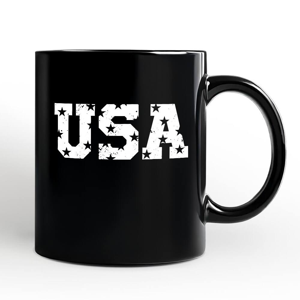 Front. OrnamentallyYou - USA Block Letters Mug, Vintage Patriotic Gift - Black.