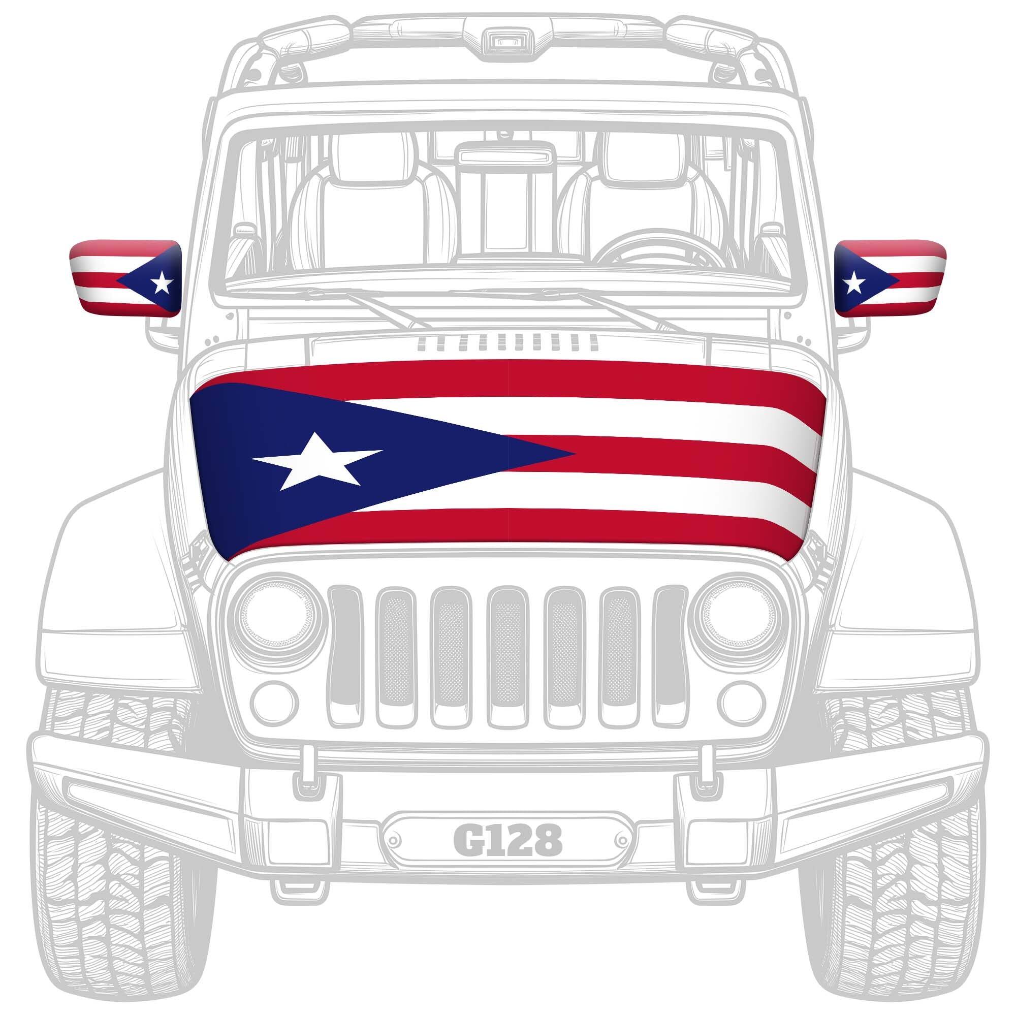Angle. G128 - Combo Pack Puerto Rico PR Car Hood Cover 3.94x5.25 ft + 2 Side Mirror Covers 5.9x8.66 in.