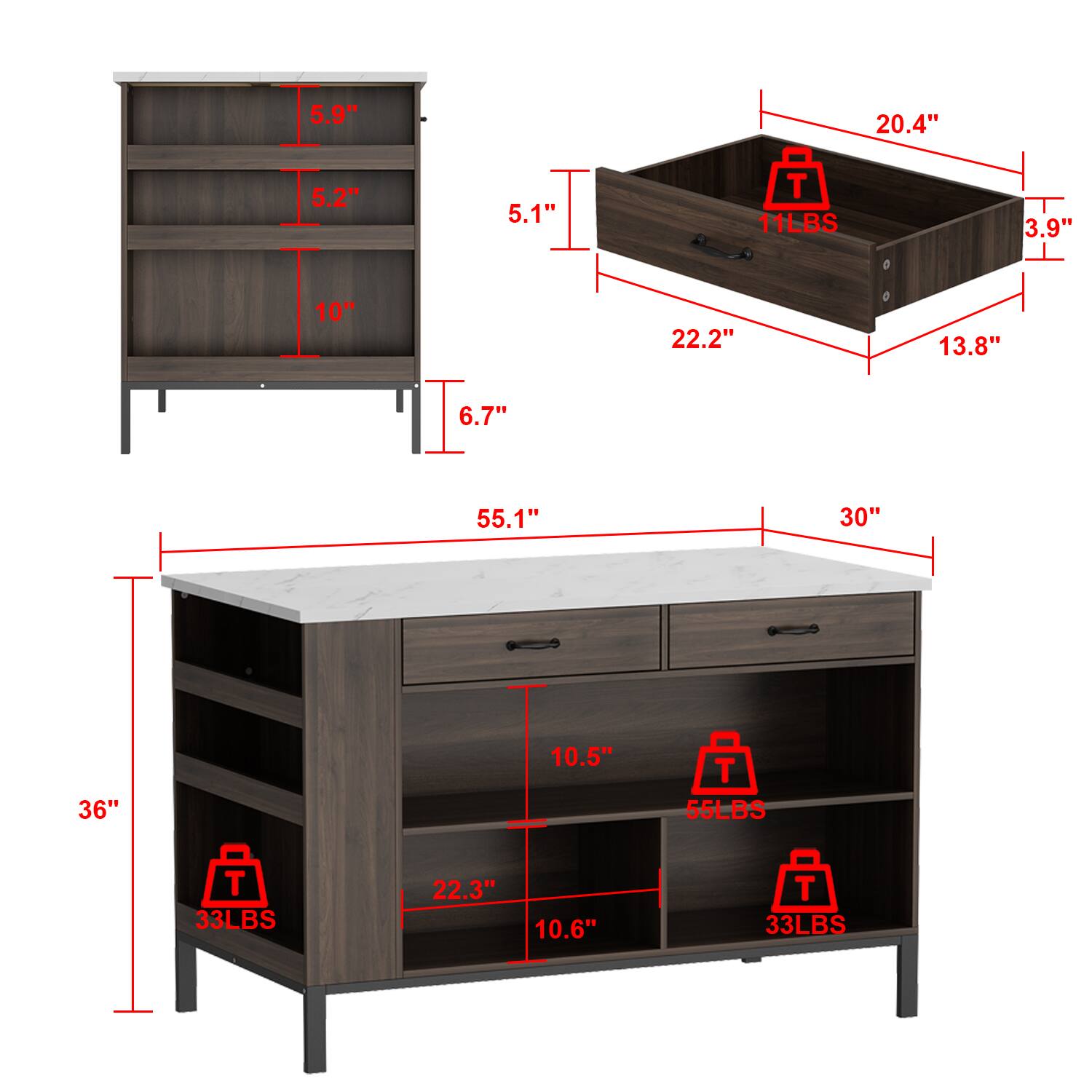The image shows a wooden dresser with a drawer and a shelf. The dresser is accompanied by a bed frame with a headboard and footboard. The measurements of the dresser are 5.9" x 20.4" x 5.2" x 5.1". The bed frame is 22.2" x 13.8" x 6.7" x 55.1". The dresser has a weight of 11LBS, while the bed frame has a weight of 33LBS.